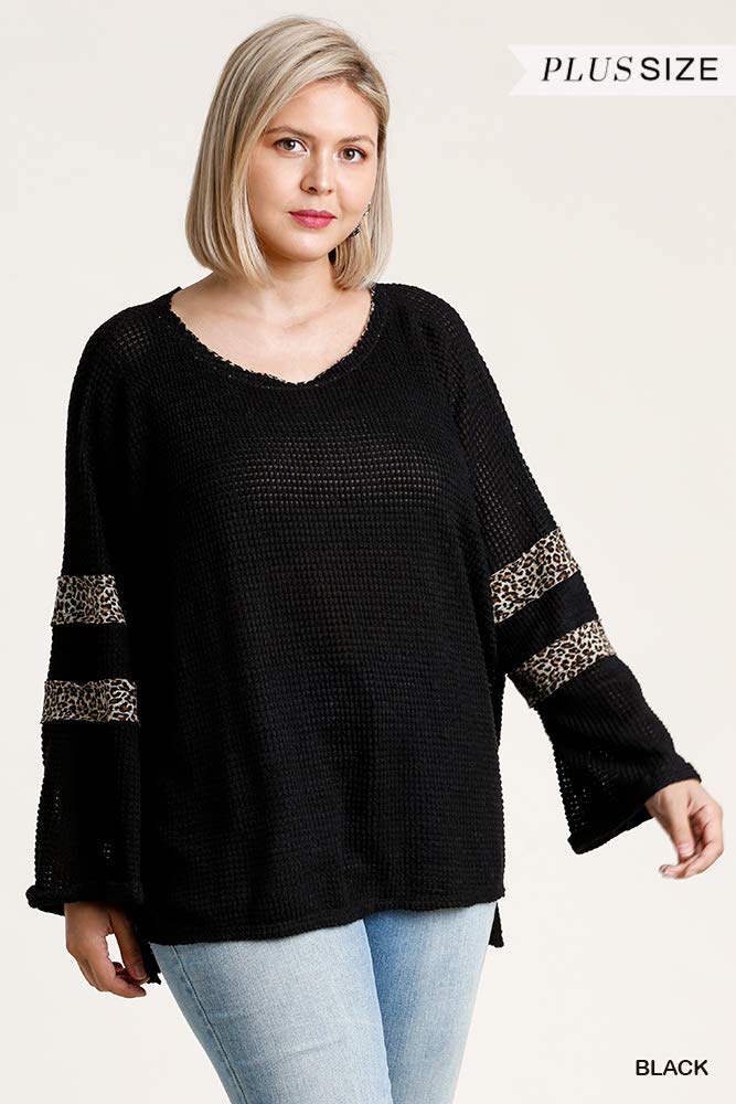 Umgee Women's Animal Print Waffle Knit Top | Soft Long Sleeve Blouse | Casual Fall & Winter Shirt for Work, Date Night & Weekend Outfits