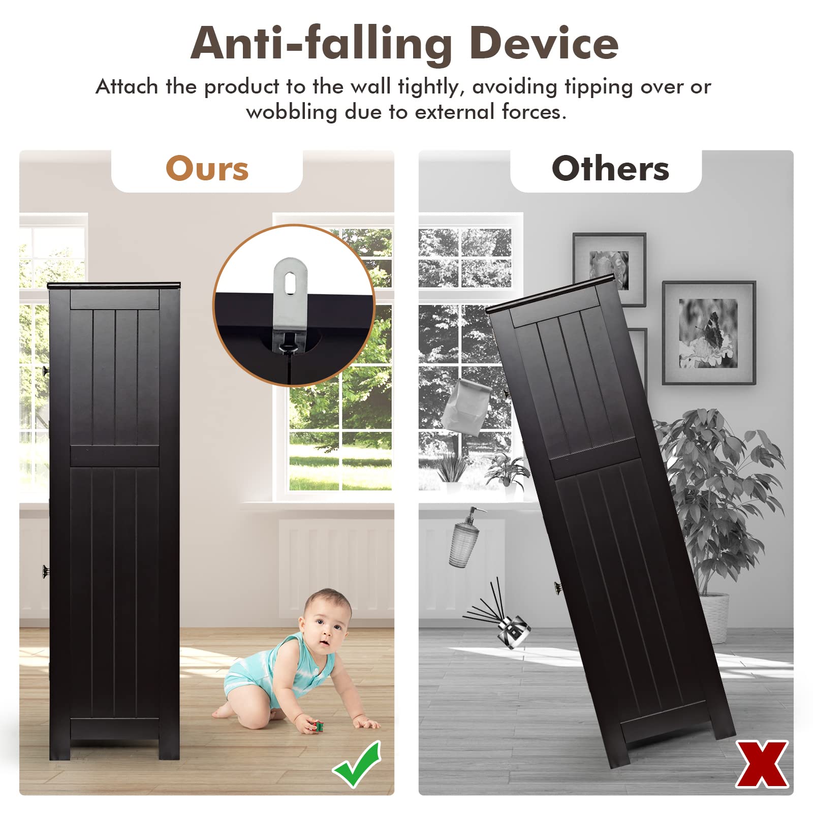 LOKO Wooden Floor Storage Cabinet with Glass Doors & Adjustable Shelf - Bathroom, Kitchen & Living Room Organizer - Perfect for Bath Essentials, Kitchen Supplies & Home Decor (Black)