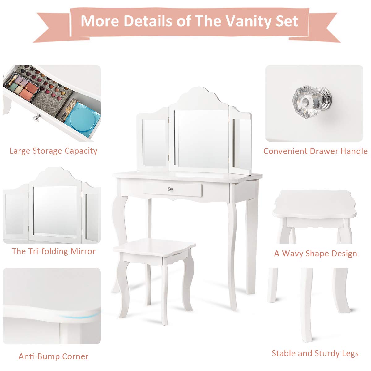 Costzon Kids Wooden Vanity Table & Stool Set - 2 in 1 Detachable Design with Dressing Table & Writing Desk, Princess Makeup Vanity with 180° Folding Mirrors for Girls (White) | Perfect for Bedroom, Playroom & Gift for Little Princesses