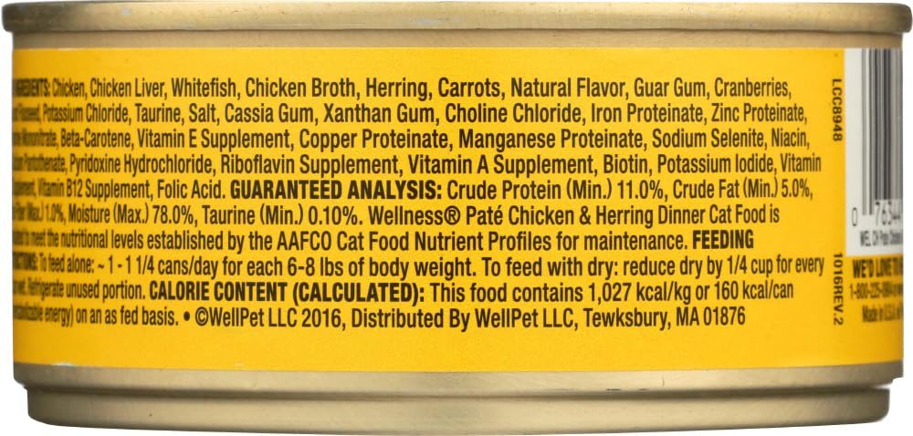 Premium Grain-Free Wellness Canned Cat Food - Chicken & Herring Recipe (25.5oz, Pack of 24) - High Protein Wet Food for Adult Cats, Kittens & Senior Cats - Perfect for Mealtime, Weight Management & Picky Eaters