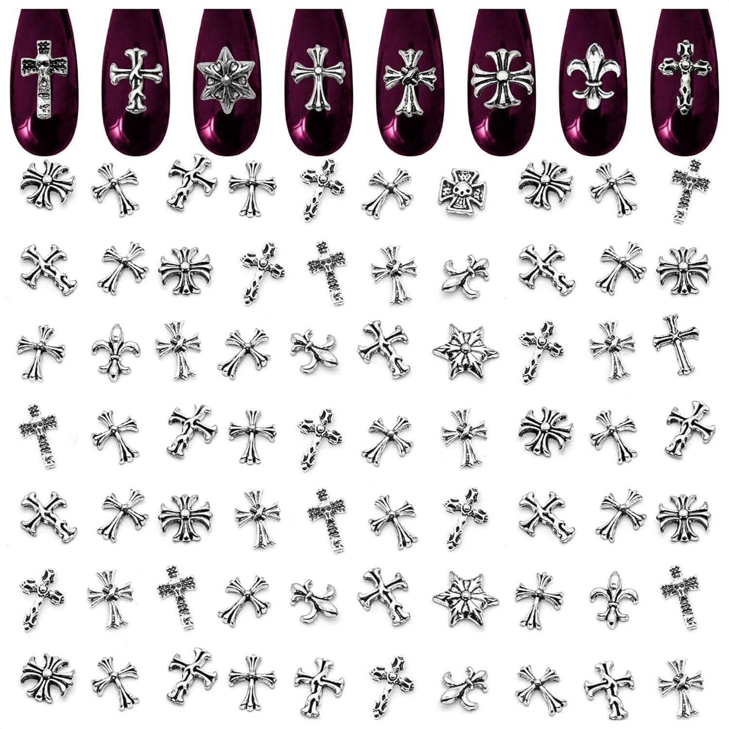 100 Pcs Silver Cross Nail Charms & Gems for Nail Art - Bulk 3D Y2K Nail Jewelry for DIY Nail Designs - Perfect for Parties, Weddings, and Salon Nail Decoration
