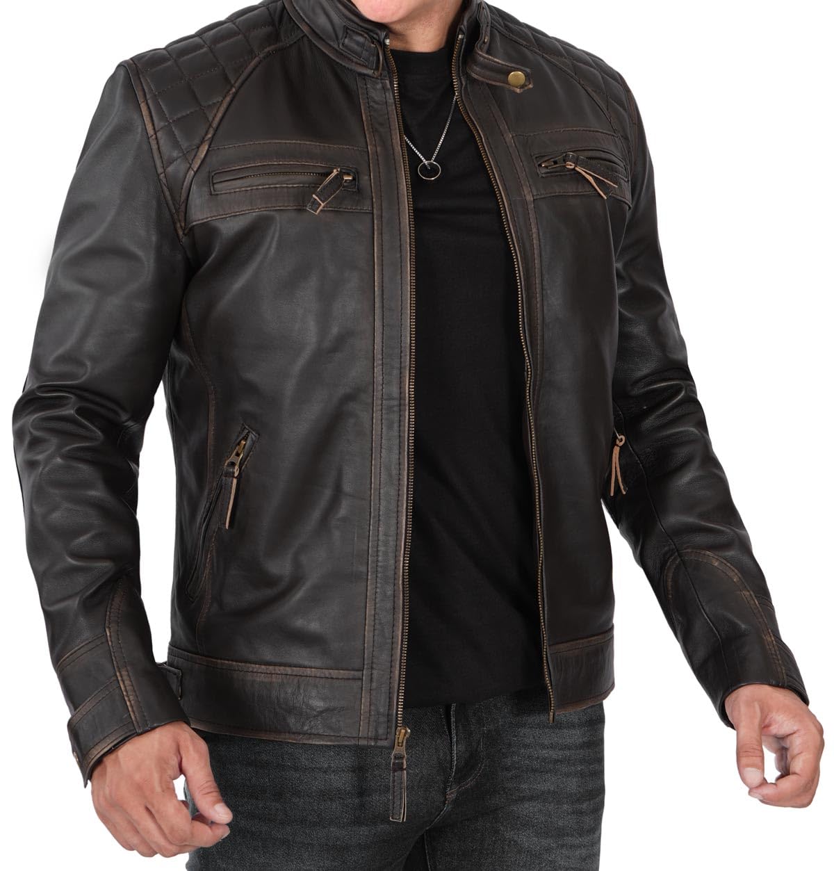 Blingsoul Men's Motorcycle Leather Jacket - Quilted Cafe Racer Biker Jacket for Men | Perfect for Riding, Casual Wear & Outdoor Adventures