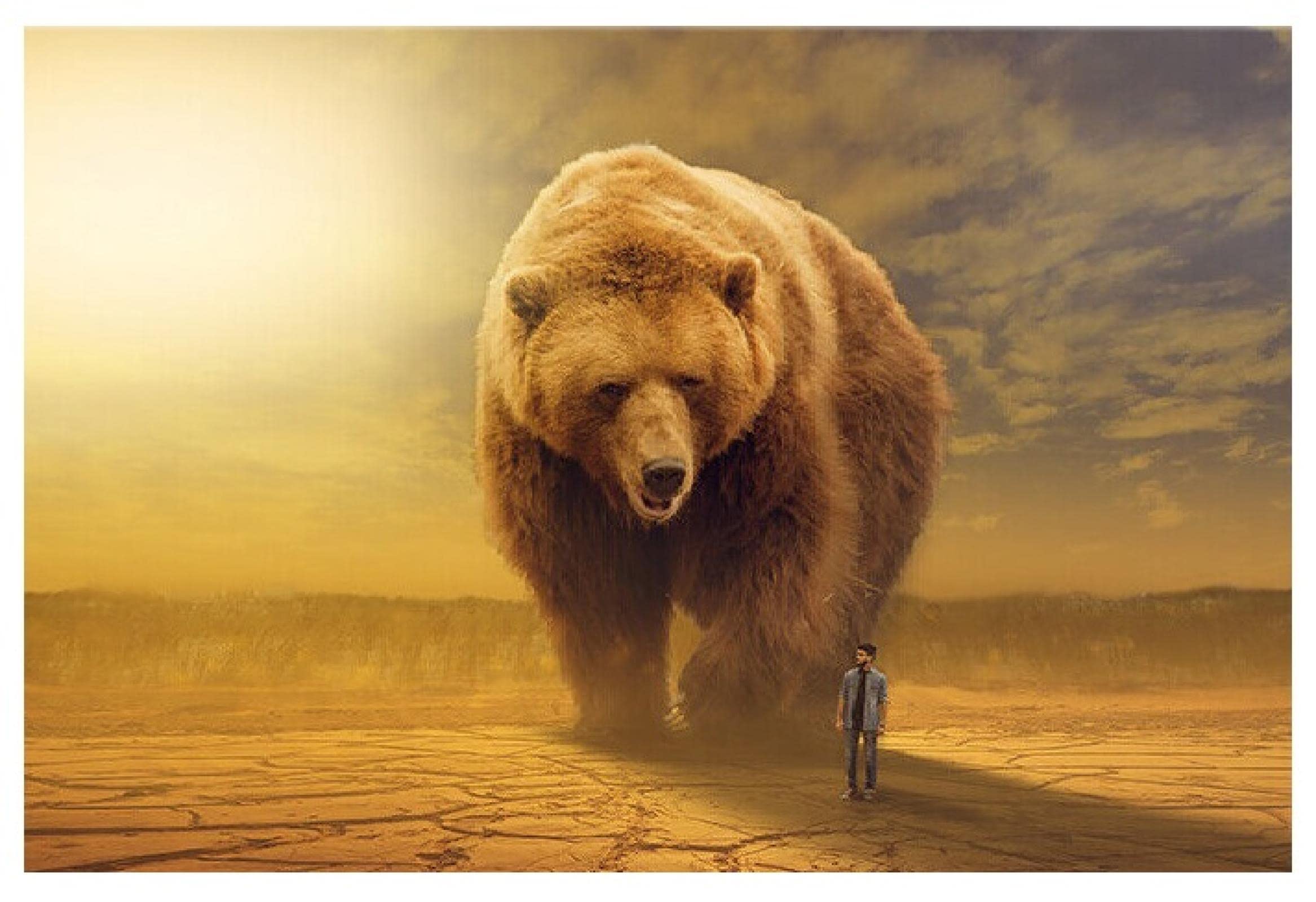 Large Brown Bear and Man Wall Art - Modern Bathroom & Office Decor - Unframed Canvas Print 40x60cm (16x24in) - Perfect for Home, Kitchen, Living Room & Bedroom Wall Decoration