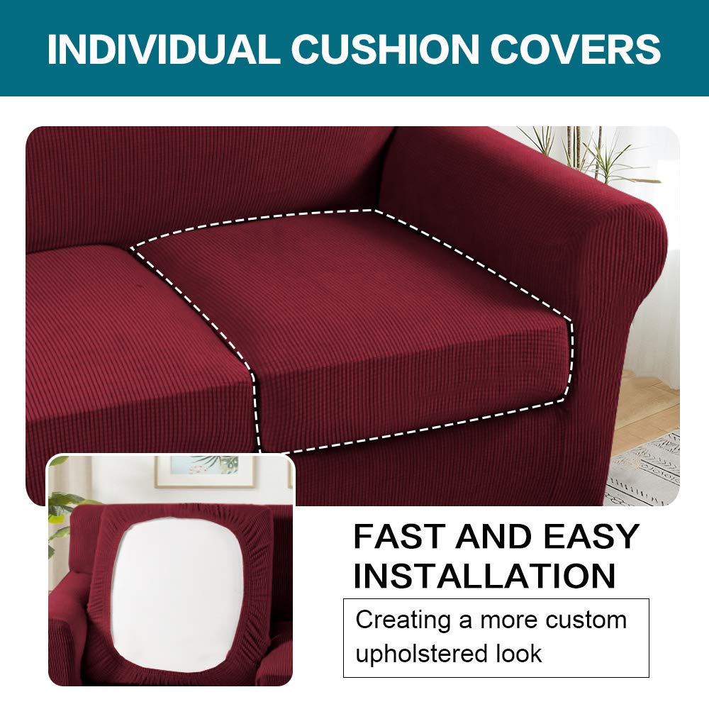 Turquoise 4-Piece Sofa Slipcover Set for 3-Cushion Couches - Washable Jacquard Fabric Sofa Cover with Individual Cushion Protectors (Burgundy) - Pet-Friendly Living Room Furniture Protection for Dogs & Family Use