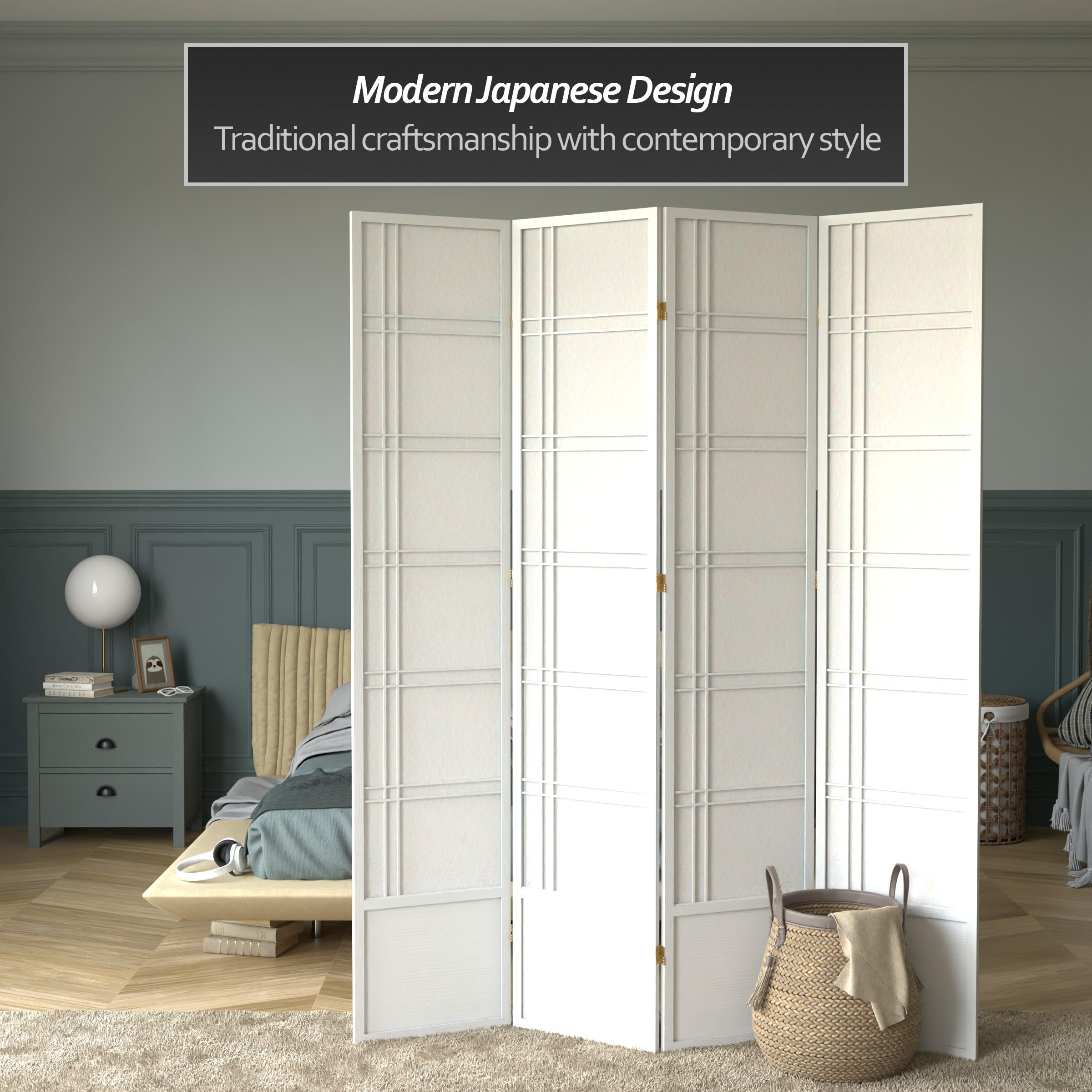 Red Lantern SS-84-DC White 4-Panel Room Divider - Elegant Folding Privacy Screen for Home, Office, or Event Space
