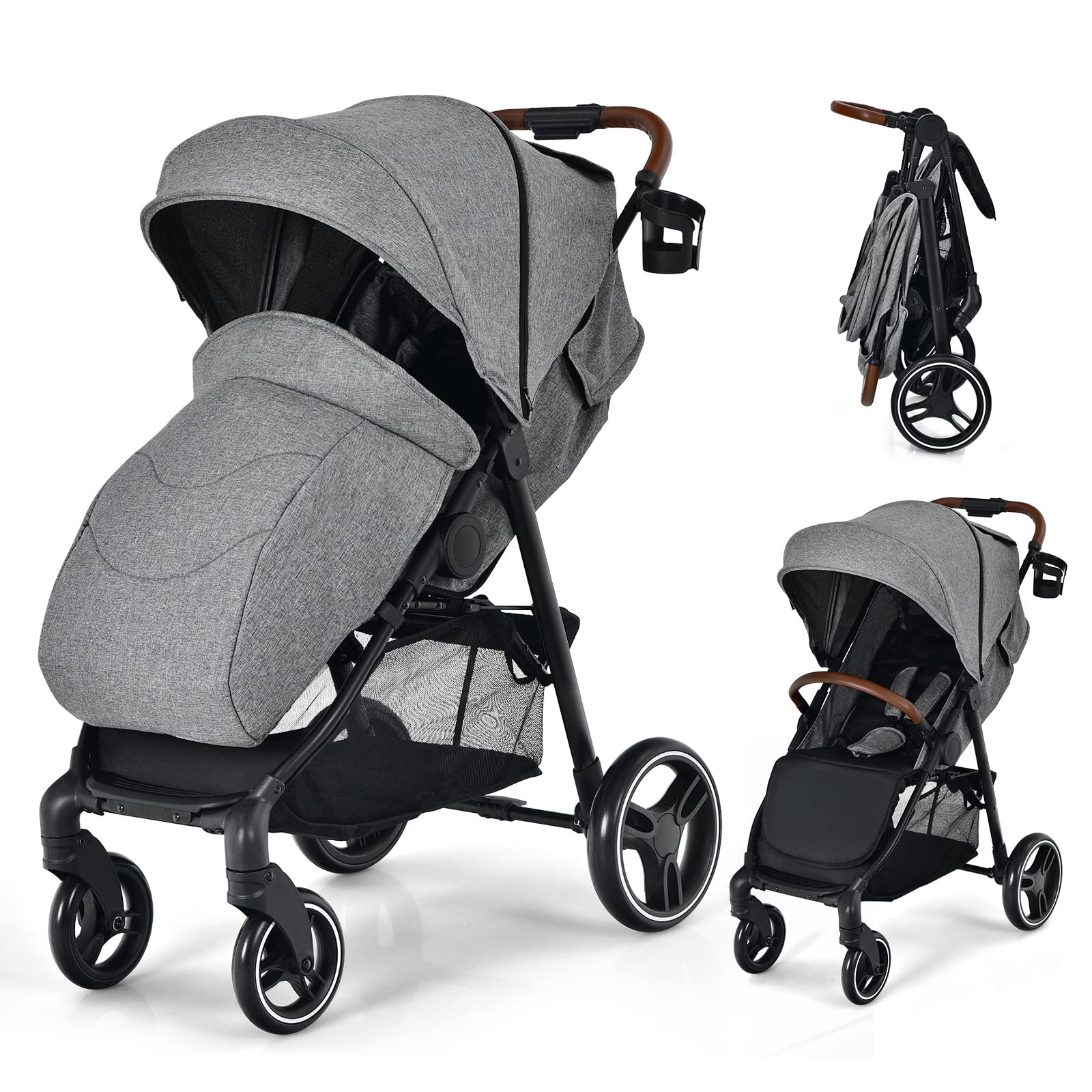 HONEY JOY Baby Stroller - Foldable Lightweight Travel Stroller with Adjustable Canopy & Foot Cover, Suspension Wheels for Smooth Ride, Storage Basket - Newborn to Toddler Pushchair for Boys & Girls (Gray) | Perfect for Shopping, Travel & Daily Walks