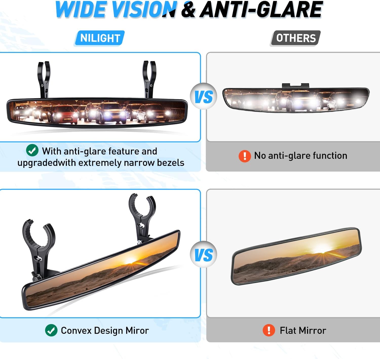 15in Wide Clear Convex UTV Rear View Mirror with Adjustable Clamps (3/4in/1.75in/2in) - Fits Polaris RZR PRO XP, Pioneer, Can-Am Commander, Maverick & Kawasaki - Perfect for Off-Road Safety & Trail Riding