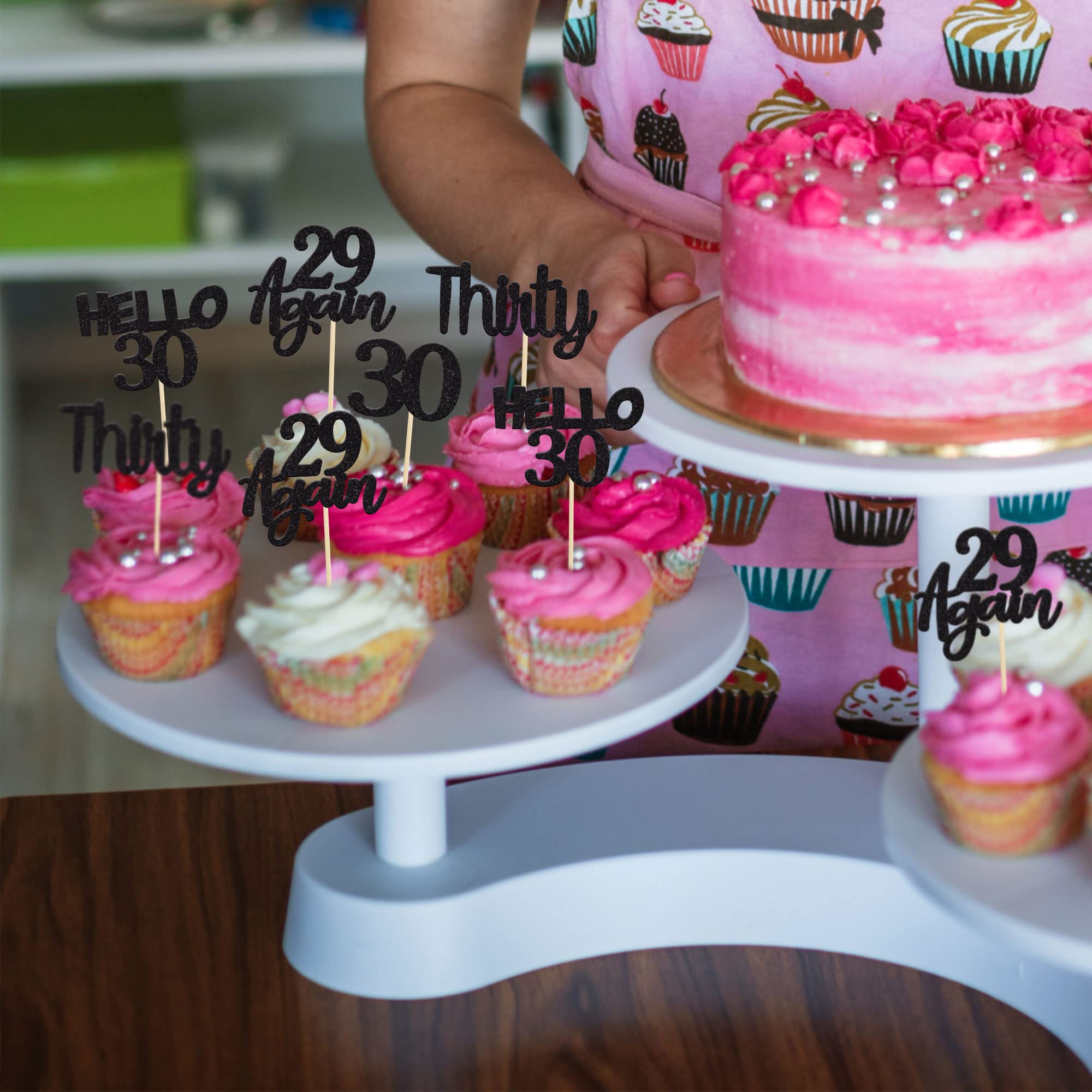 24Pcs Black Glitter 30th Birthday Cupcake Toppers - Hello 30 Cake Decorations - Again 29 Thirty Cupcake Picks for 30th Birthday Party Supplies - Perfect for Milestone Celebrations, Anniversary Cakes & Dessert Table Decor
