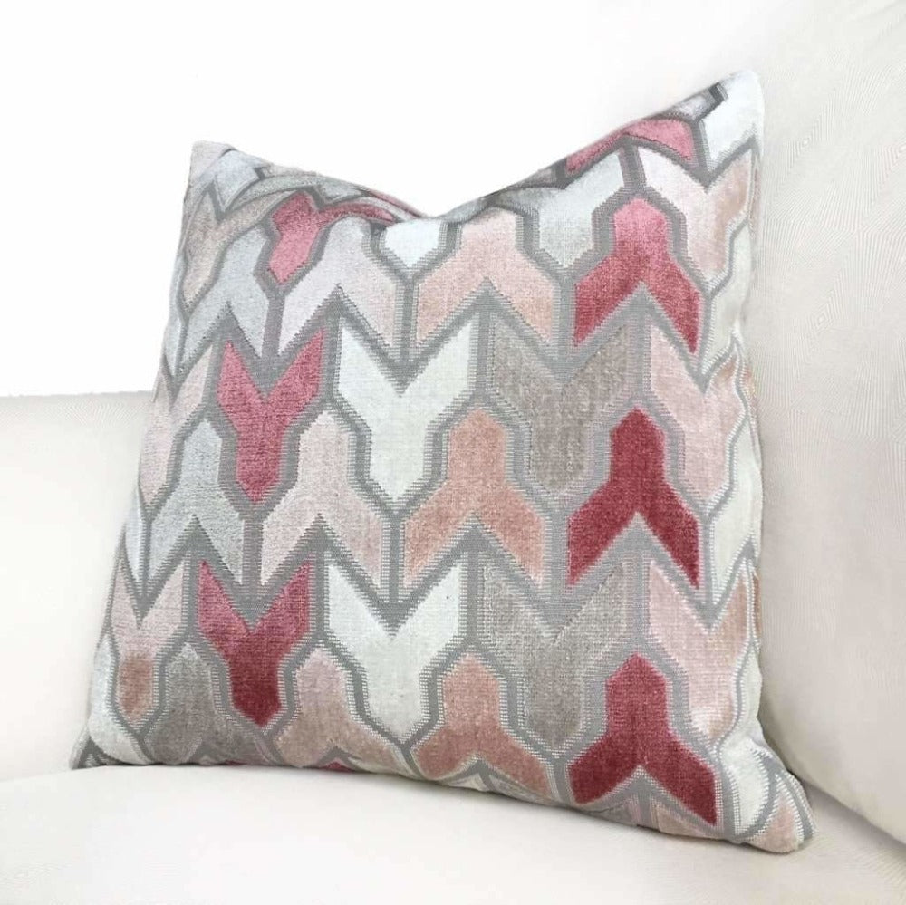 Brookhaven Arrow Geometric Cut Velvet Pillow Cover - Pink, Gray & Cream - Soft Decorative Throw Pillow for Sofa, Bed & Home Decor