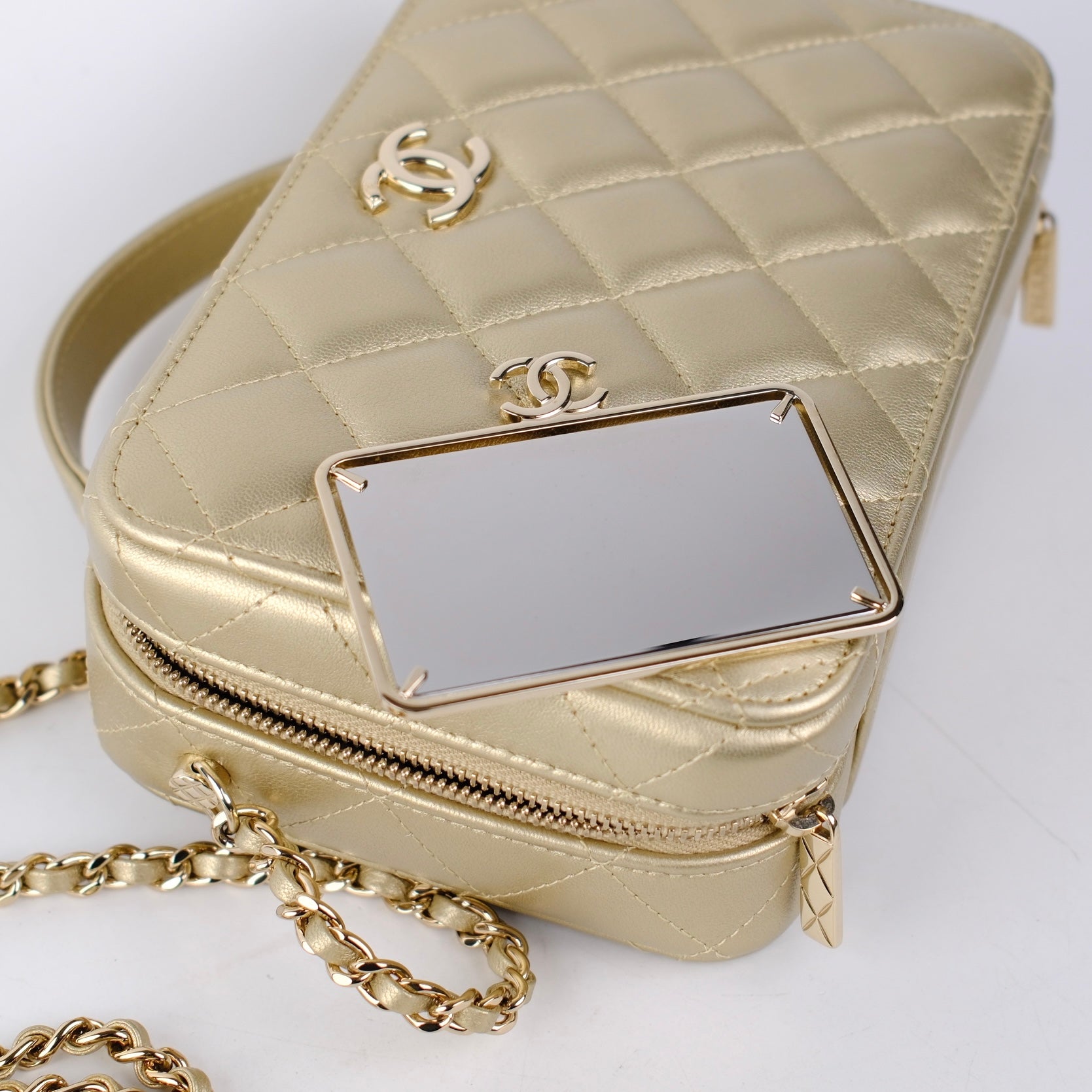 Chanel Champagne Gold Top Handle Vanity Crossbody Bag with Mirror - Luxury Designer Handbag for Women, Evening Parties & Special Occasions
