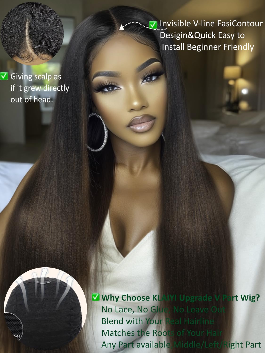 KLAIYI Ombre Brown V Part Human Hair Wig - Yaki Straight 24 Inch Glueless U Part Wig with Dark Roots, No Glue No Lace, Easy Wear & Go for Beginners | Perfect for Daily Wear, Parties, Cosplay & Protective Styling