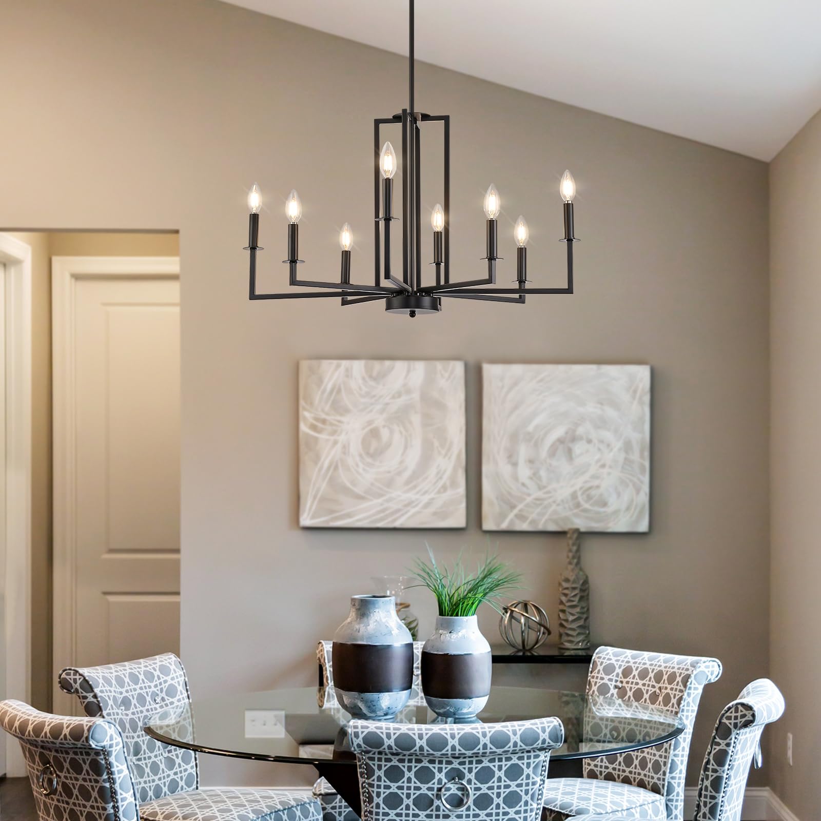 Modern Farmhouse Chandelier Black - 8-Light Dining Room Chandelier with Metal Frame for Farmhouse, Living Room, Bedroom, Staircase, Foyer & Entryway - Perfect for Rustic Home Decor, Wedding Venues and Cozy Dining Spaces