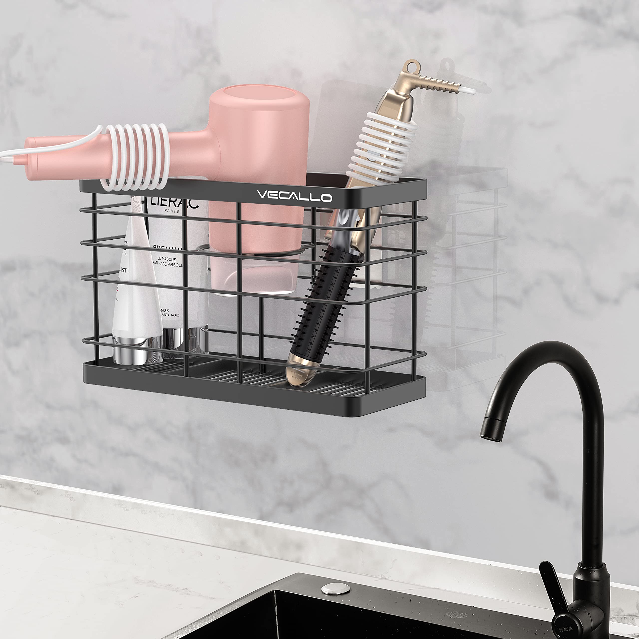 Wall Mount Hair Dryer Holder & Organizer - Adhesive Blow Dryer & Curling Iron Storage for Bathroom, Cabinet Door - Perfect for Hair Tools Like Dryers, Straighteners & Wands (Black) - Keep Your Bathroom Clutter-Free & Stylish