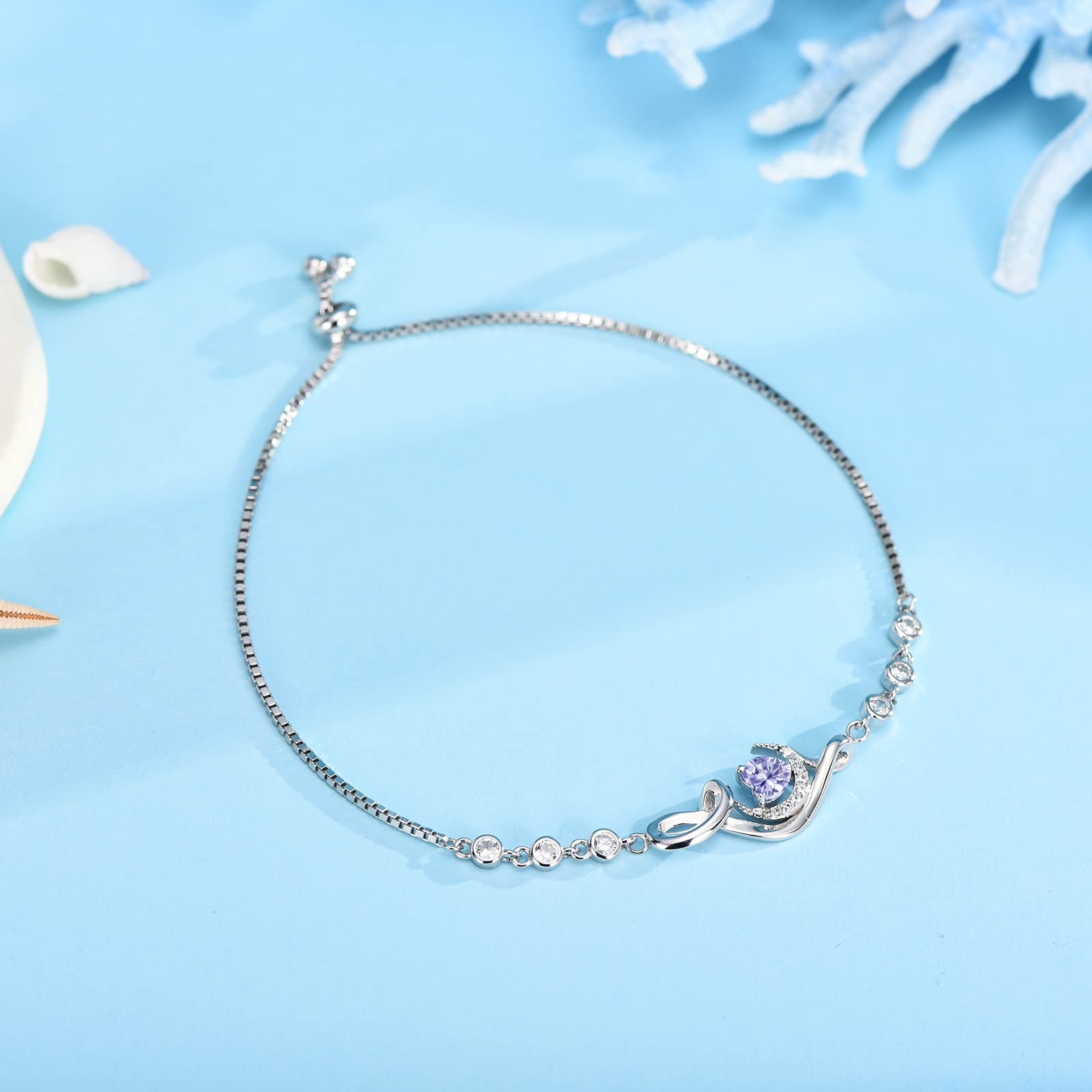 Sterling Silver Birthstone Charm Bracelet for Women - S925 Distance Bracelet, Personalized Gift for Mom, Daughter, Wife - Perfect for Mother's Day, Birthday, Valentine's Day & Anniversary - Elegant Jewelry for Everyday Wear & Special Occasions