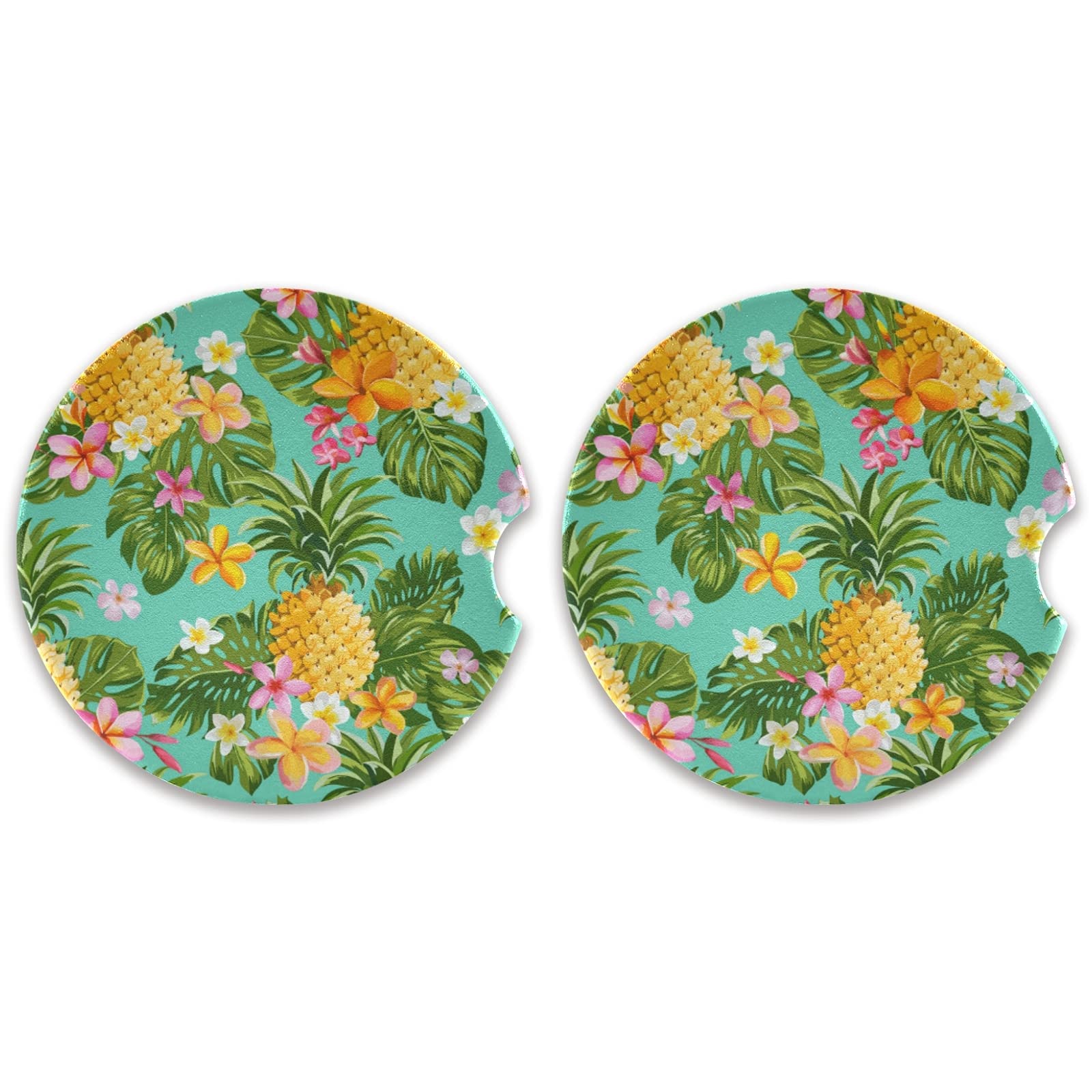 Premium Absorbent Ceramic Car Coasters Set of 2 - Pineapple & Tropical Flower Design, Non-Slip Cork Back with Finger Notch (2.5 Inch) - Perfect for Beverage Spill Protection in Vehicles, Office & Home Use