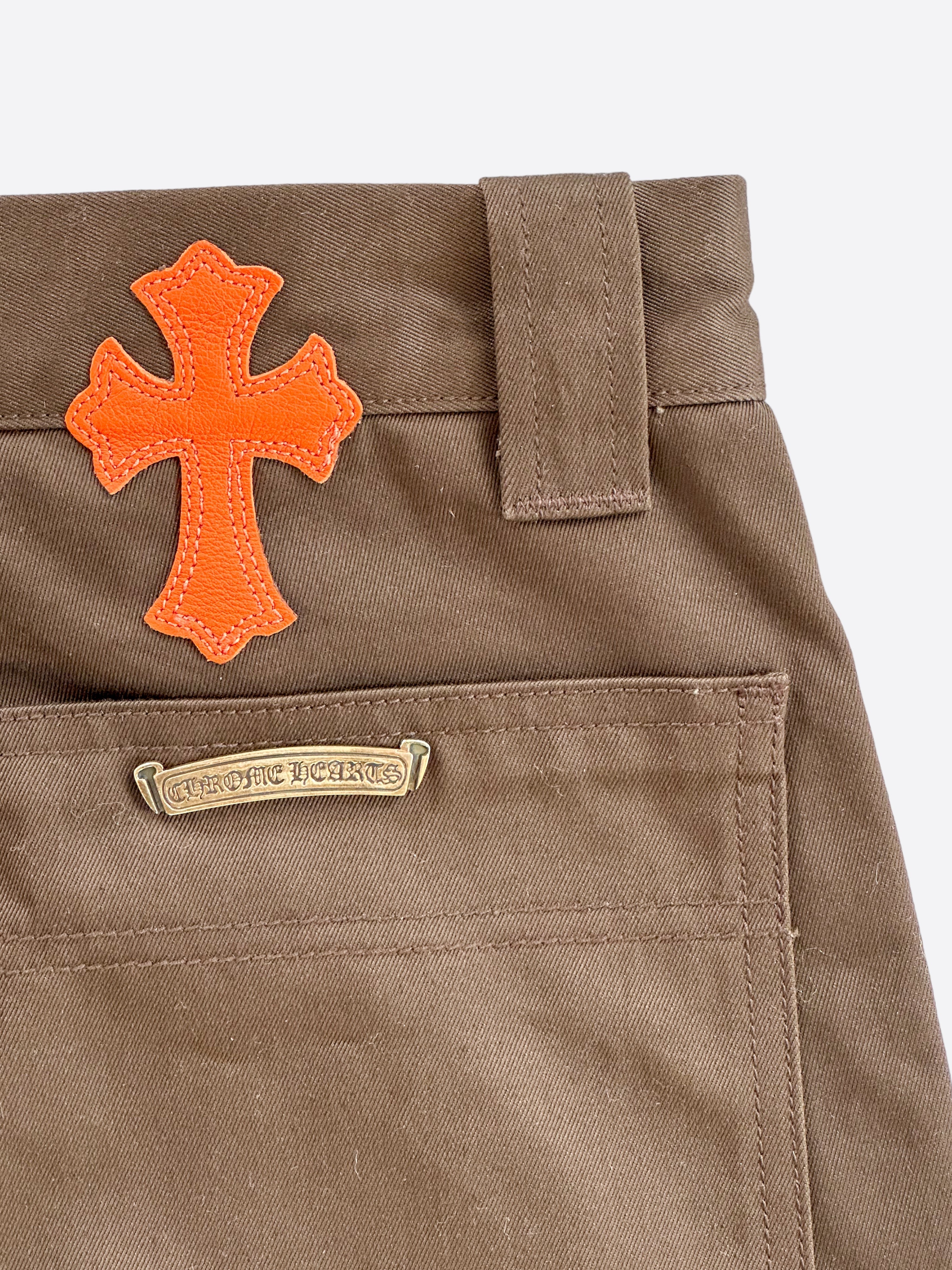Chrome Hearts Brown & Orange Cross Patch Carpenter Jeans - Stylish Distressed Denim Pants for Men | Perfect for Streetwear, Casual Outfits & Fashion Statements