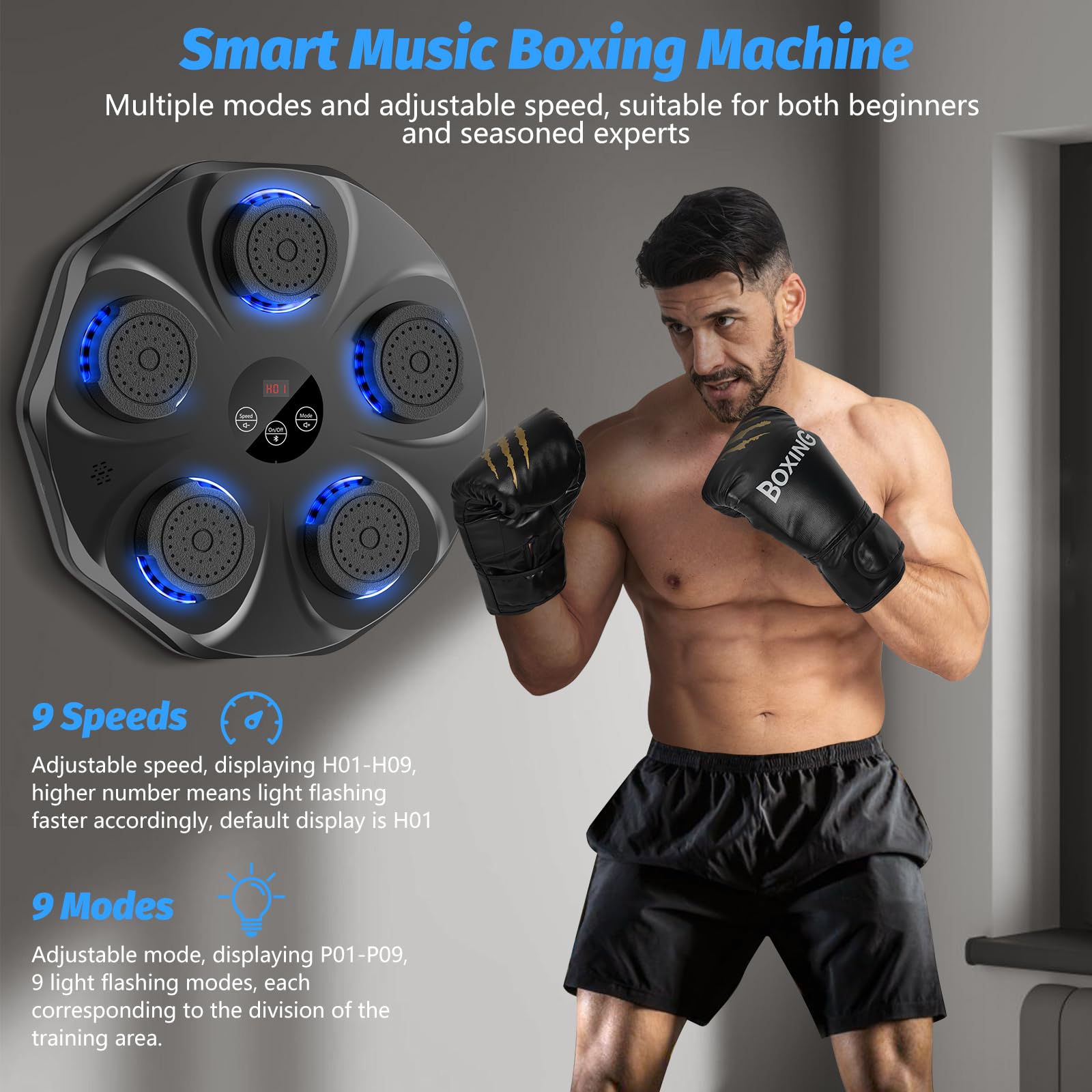 Music Boxing Machine - Interactive Punching Trainer with Boxing Gloves | Large Wall Mounted Electronic Boxing Target for Adults & Kids | 9 Modes & 9 Speeds | Perfect for Home Gym, Boxing Training & Stress Relief