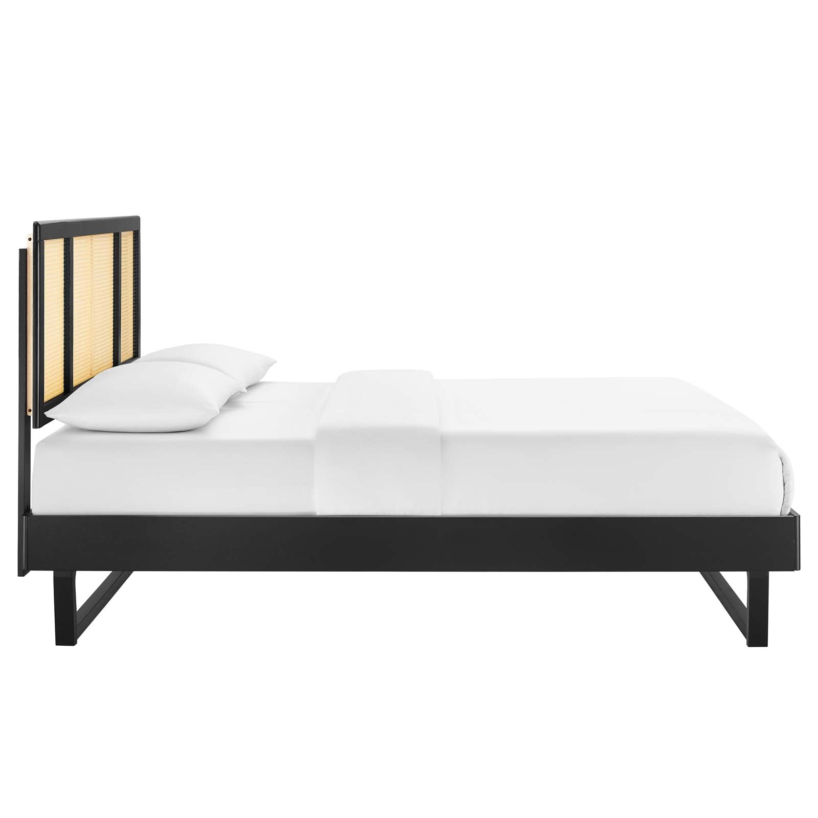 Kelsea King Size Platform Bed with Cane and Wood Design, Angular Legs - Perfect for Modern and Farmhouse Bedroom Decor
