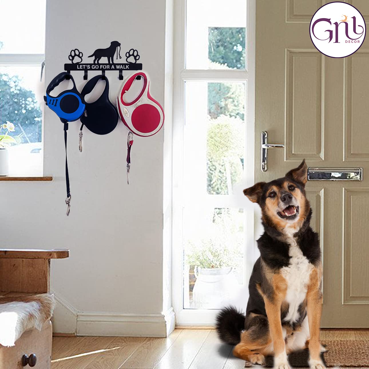 GNL Wall Mounted Dog Leash Holder & Key Rack - Durable Leash Hooks for Dog Walking Accessories - Decorative Gift for Dog Lovers & Pet Owners - Perfect for Entryway, Mudroom or Garage Organization