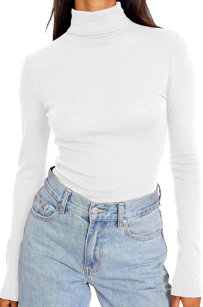 Placitiume Women's Long Sleeve Turtleneck Thermal Shirt - Slim Fit Ultra-Soft Base Layer Top in White | Perfect for Winter Layering, Outdoor Activities & Casual Wear