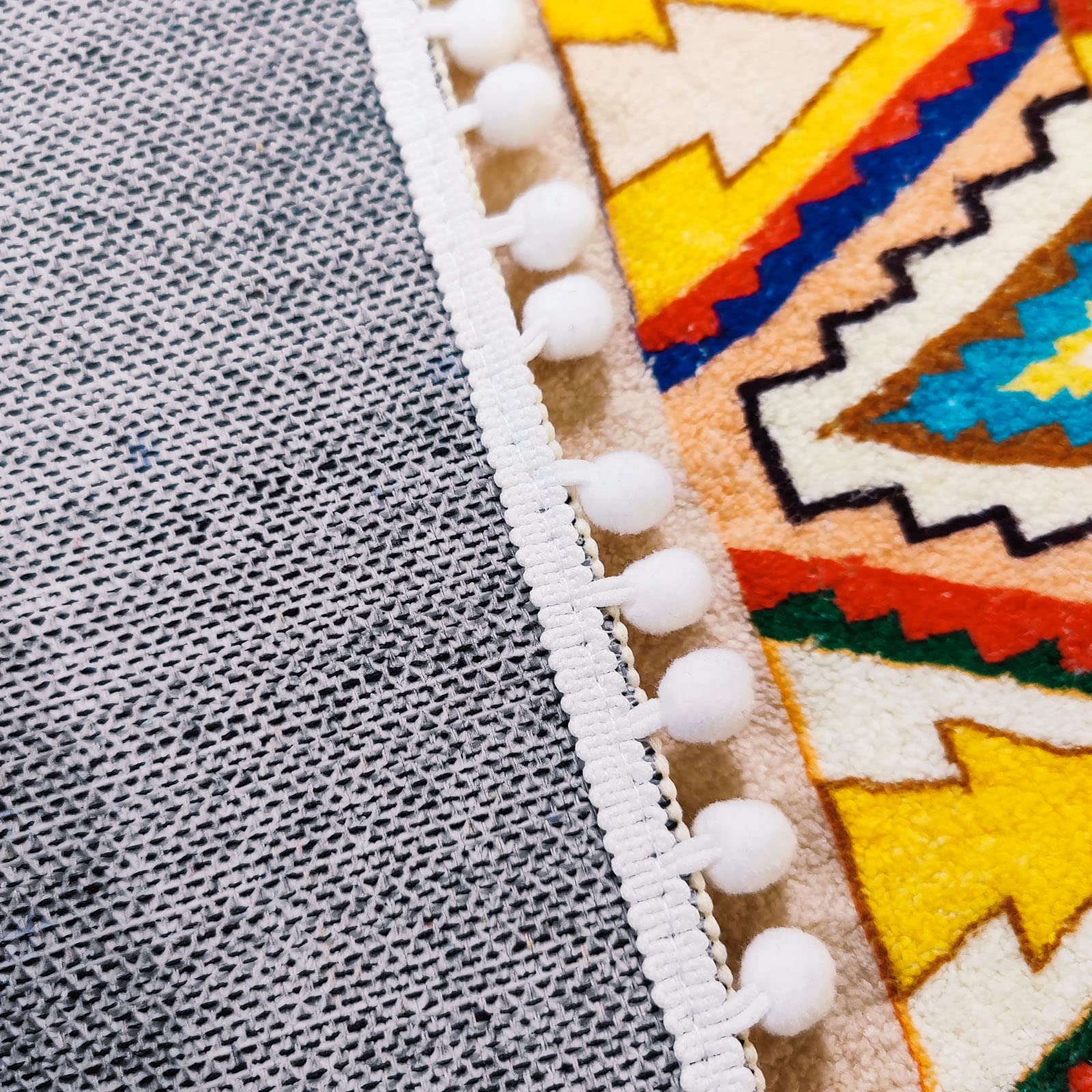 5Ft Boho Kids Bedroom Rug - Colorful Soft Faux Wool Plush Carpet with Ball Tassels, Washable Floor Mat for Living Room, Bedside, Bathroom & Doormat Use - Yellow