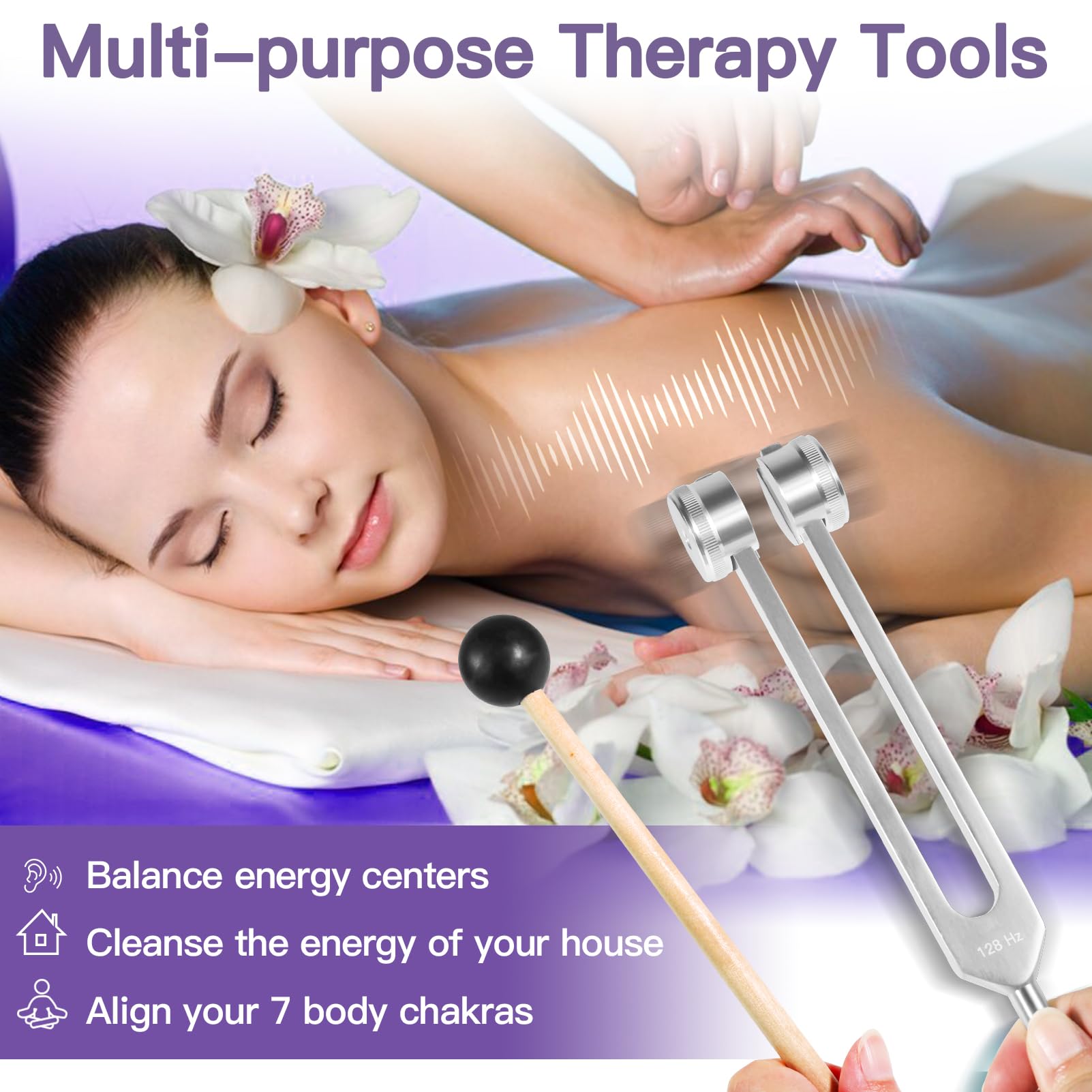 Healing Tuning Forks Set (128Hz, 136.1Hz, 256Hz, 384Hz) with Reflex Hammer - Professional Sound Therapy Tools for Chakra Balancing, Yoga, Meditation & Energy Healing - Perfect for Holistic Practitioners & Wellness Enthusiasts