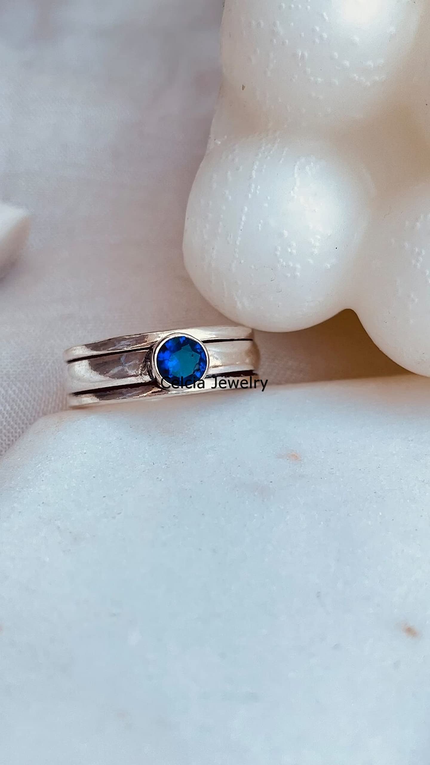 Natural Blue Sapphire Spinner Ring - September Birthstone Jewelry for Women & Men, Fidget Anxiety Relief Ring, Meditation & Stress Relief Spinning Ring, Elegant & Delicate Design (US Size 7) - Perfect Gift for Birthday, Anniversary & Relaxation Therapy