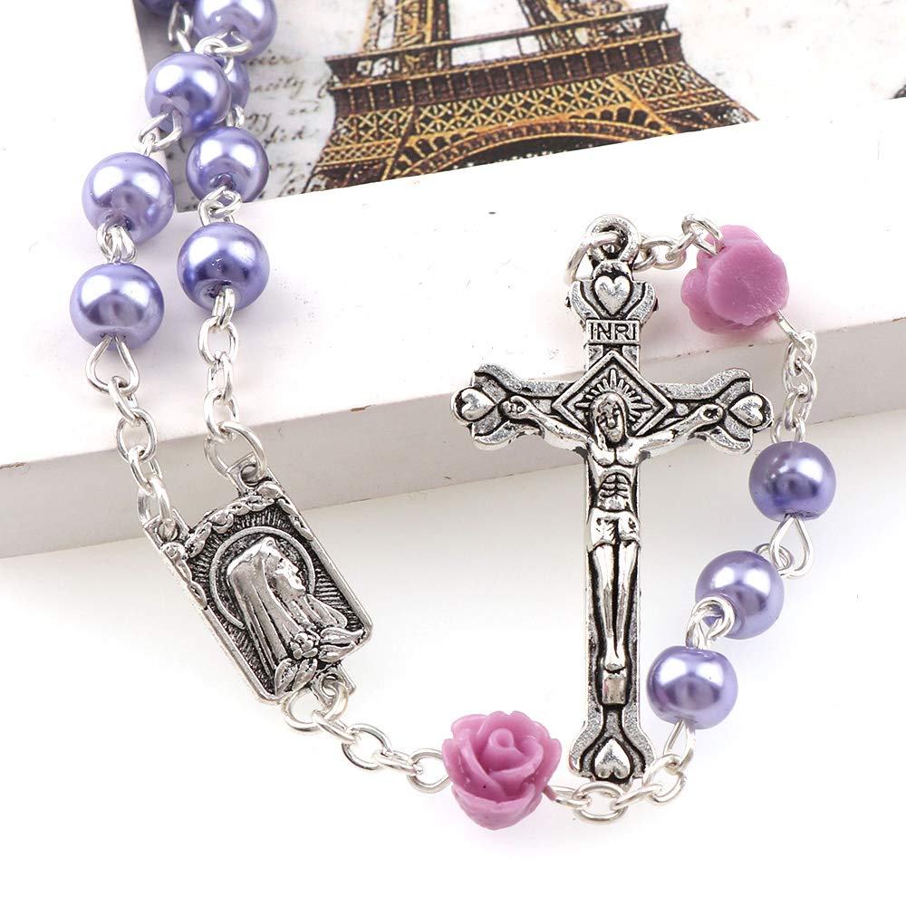 Catholic Rosary Beads Necklace for Women & Girls - Silver Alloy Cross Pendant with Artificial Pearls - Confirmation Gift, First Communion Jewelry - Perfect for Prayer, Church Wear & Spiritual Occasions