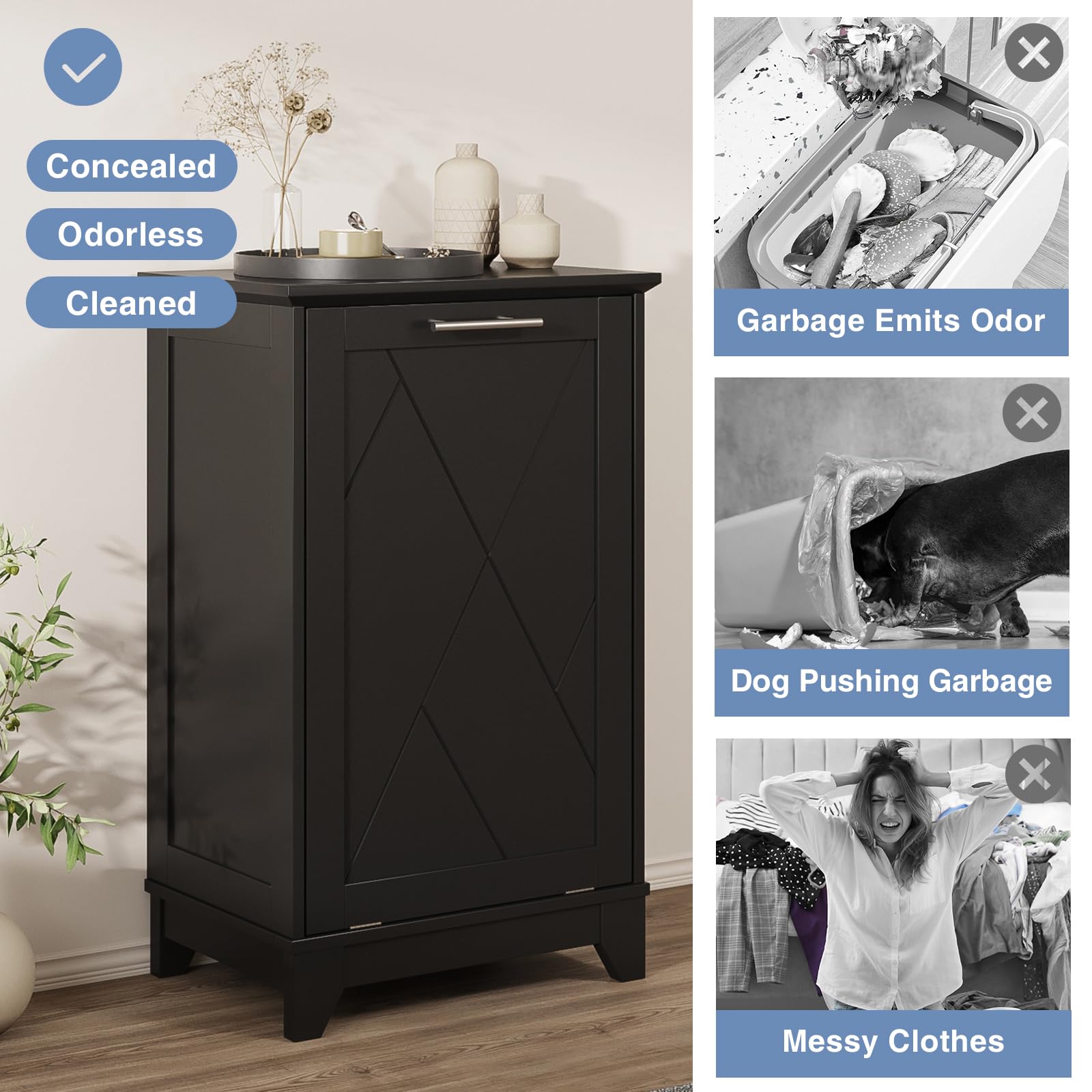10-13 Gallon Free Standing Tilt Out Trash Cabinet with Negative Ion Deodorizer - Recycling Bin Storage for Kitchen & Living Room - Odor Control & Space Saving Solution for Home Waste Management