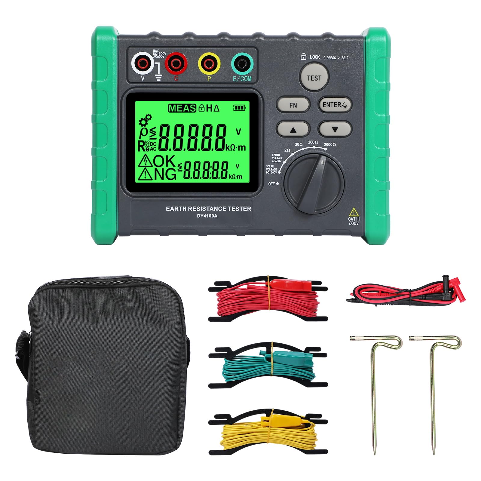 Upgraded Digital Earth Ground Resistance Tester 0.03-2000Ω with LCD Display | 600V AC Voltage & Auto Measurement | Includes Tool Bag & Batteries | Perfect for Electricians, Engineers & DIY Home Electrical Projects