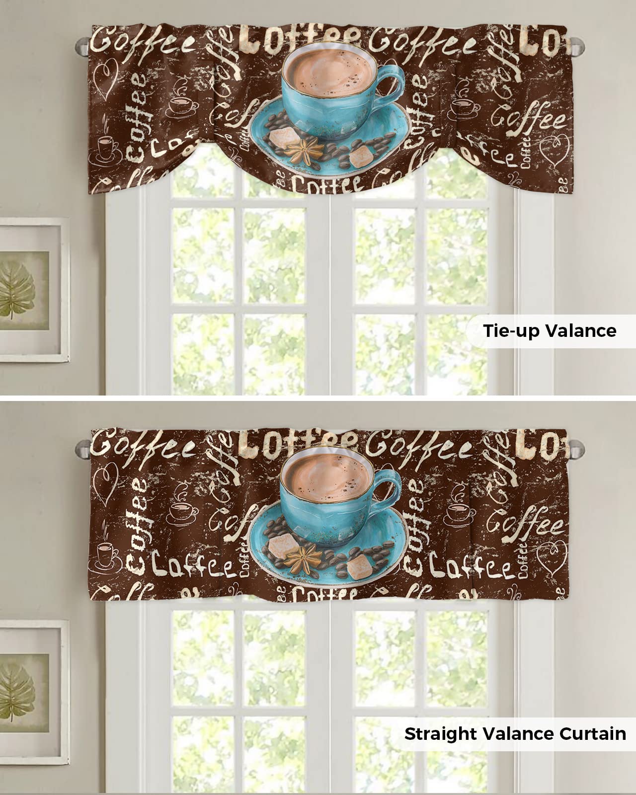 Premium Washable Coffee Bean & Sugar Tie-Up Window Valances - 54x18 Inch Farmhouse Kitchen Curtains for Cafe, Living Room, Bedroom & Bathroom - Rustic Barn Decor & Cozy Home Accents