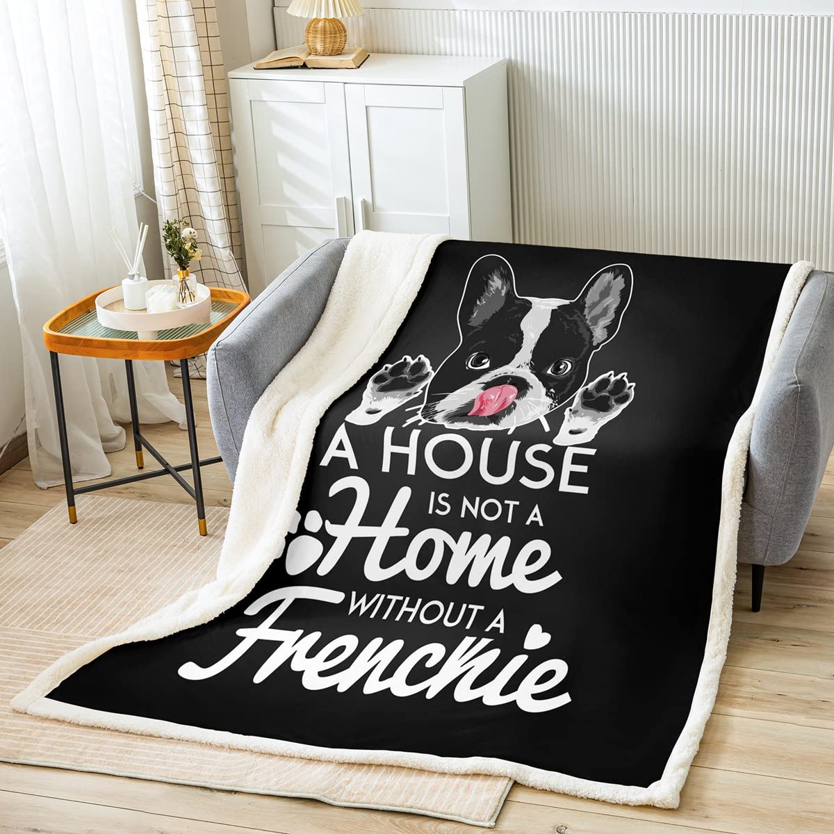 Soft Frenchie Puppy Flannel Blanket - Black & White Bulldog Cozy Throw for Kids & Adults | Christmas Gift, Pet Lover Present | Warm Polyester Blanket for Couch, Bed, Sofa | Twin Size 60x80 Inches | Perfect for Family Movie Nights & Winter Snuggles