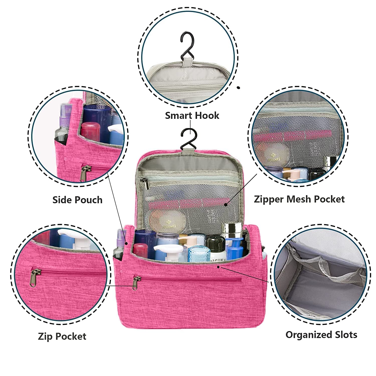Waterproof Hanging Travel Toiletry Bag for Men & Women - Portable Shower Organizer with Hook for Bathroom Essentials, Cosmetics & Toiletries (Pink) | Perfect for Camping, Gym, Business Trips & Vacation Packing