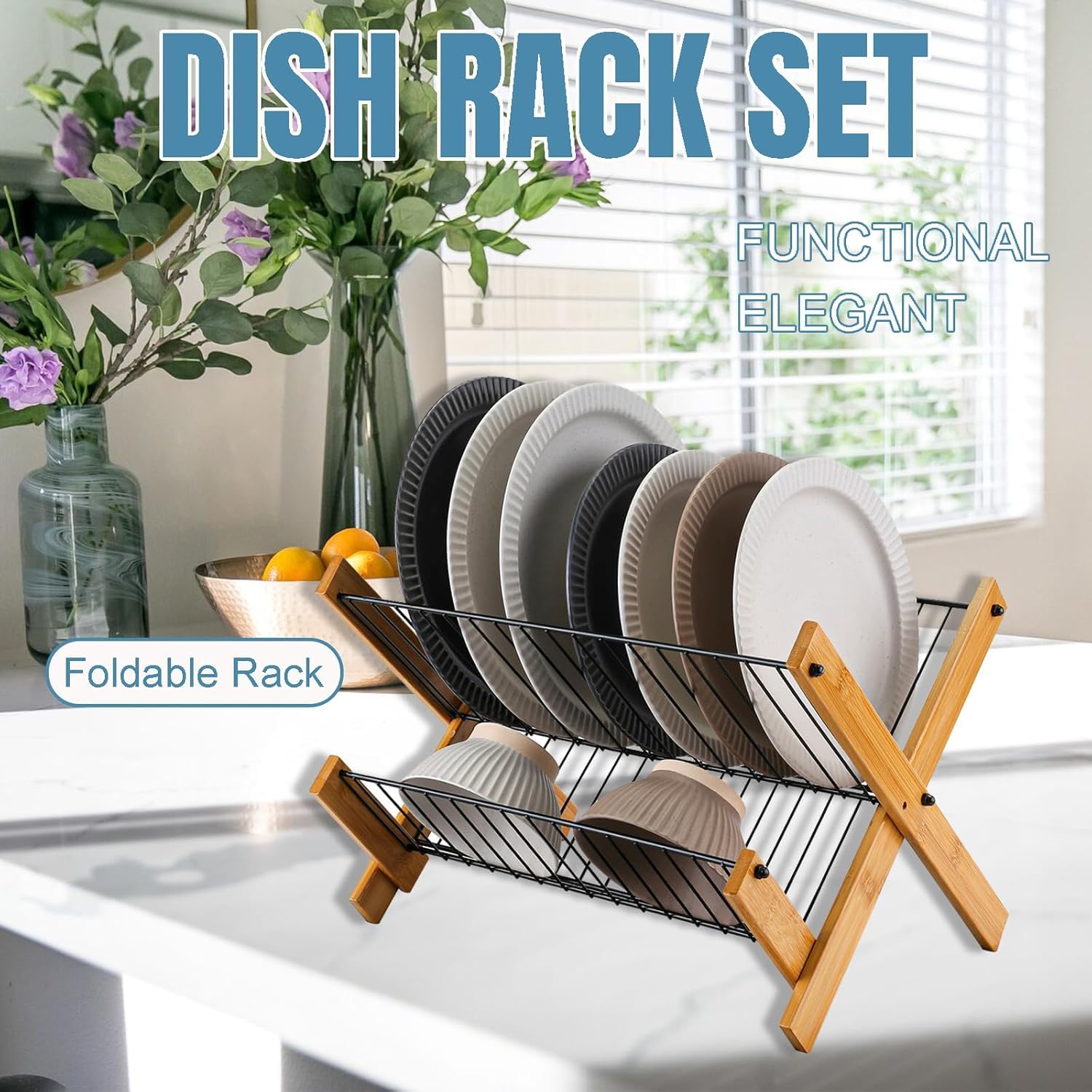 Premium 2-Tier Foldable Bamboo Dish Drying Rack with Stainless Steel Frame - Space Saving Kitchen Counter Organizer for Plates, Bowls & Utensils - Perfect for Small Apartments, RVs & Compact Kitchens (Model SS-01)