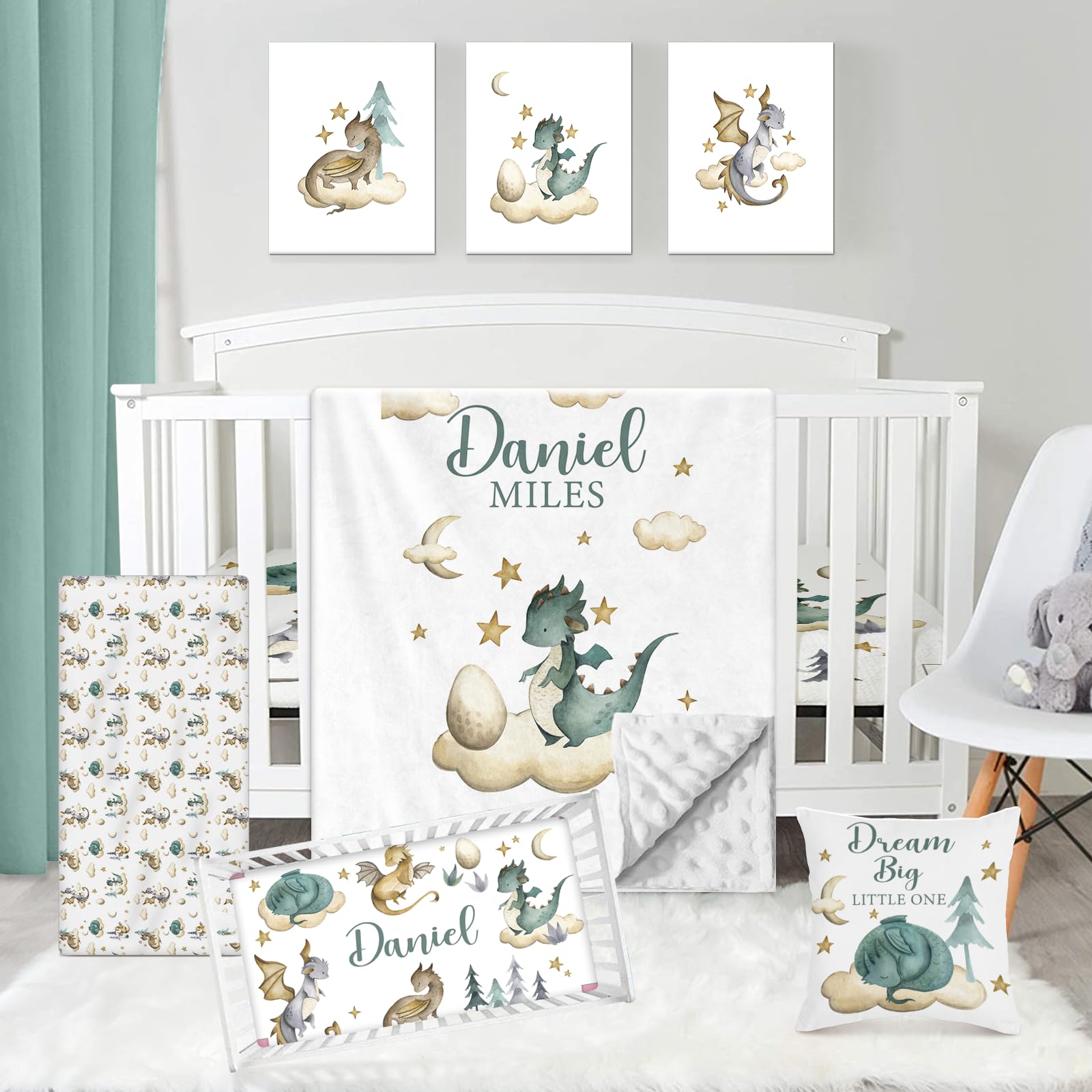 **Personalized Dinosaur Baby Crib Bedding Set - 5-Piece Custom Nursery Gift with Name for Boys, Includes Crib Sheet, Changing Pad Cover, Pillow & Wall Art - Perfect for Baby Showers, Newborn Gifts & Toddler Room Decor (Fixed Size)**