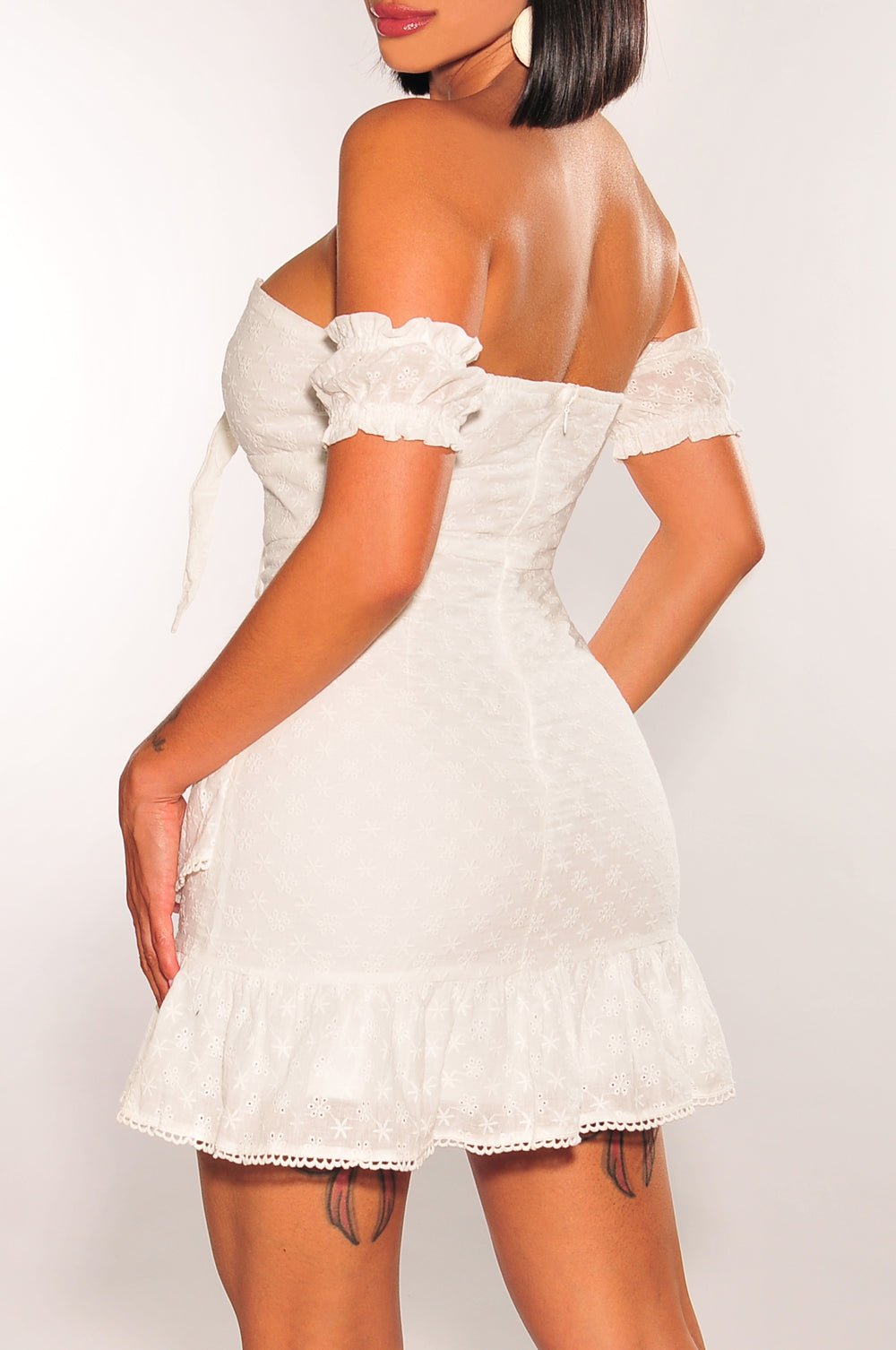 White Floral Embroidered Off-Shoulder Ruffle Mini Dress - Sexy Cut-Out Tie-Up Summer Party Dress for Women | Perfect for Beach Vacations, Date Nights & Cocktail Parties