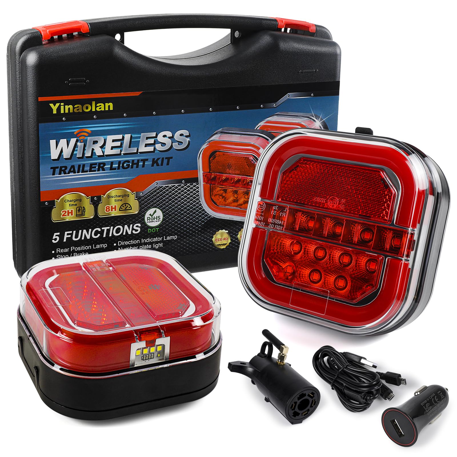 Yinaolan Magnetic Wireless LED Trailer Lights Kit - 2PCS Rechargeable Universal LED Tail Lights for Tow Trucks, Trailers, Caravans, Campers, RVs, Vans & Boats | Waterproof & Easy Installation | Perfect for Night Towing, Camping & Road Trips