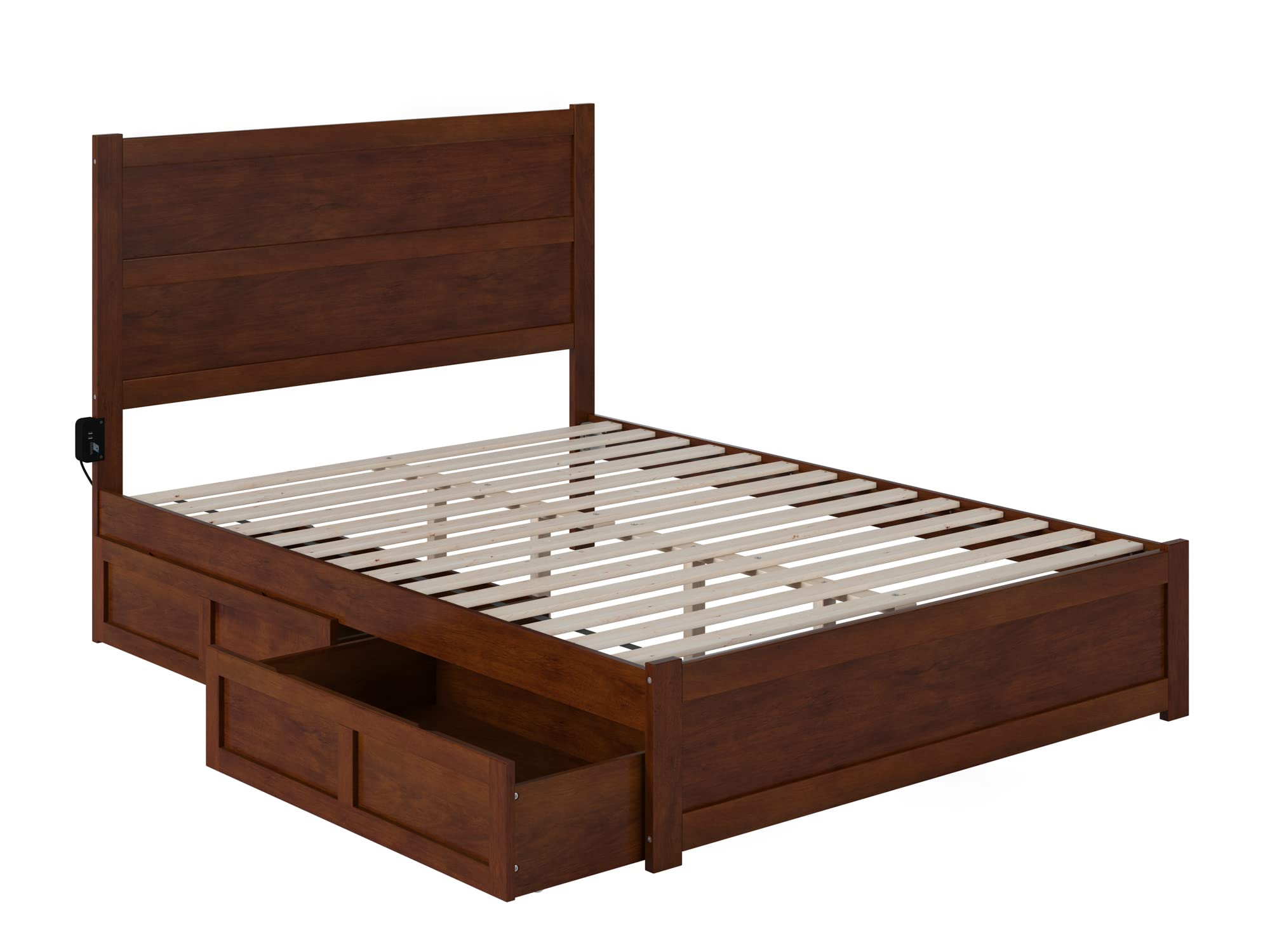 AFI NoHo Queen Size Platform Bed Frame with Footboard & 4 Storage Drawers, Solid Walnut Finish - Modern Bedroom Furniture for Small Spaces & Guest Rooms
