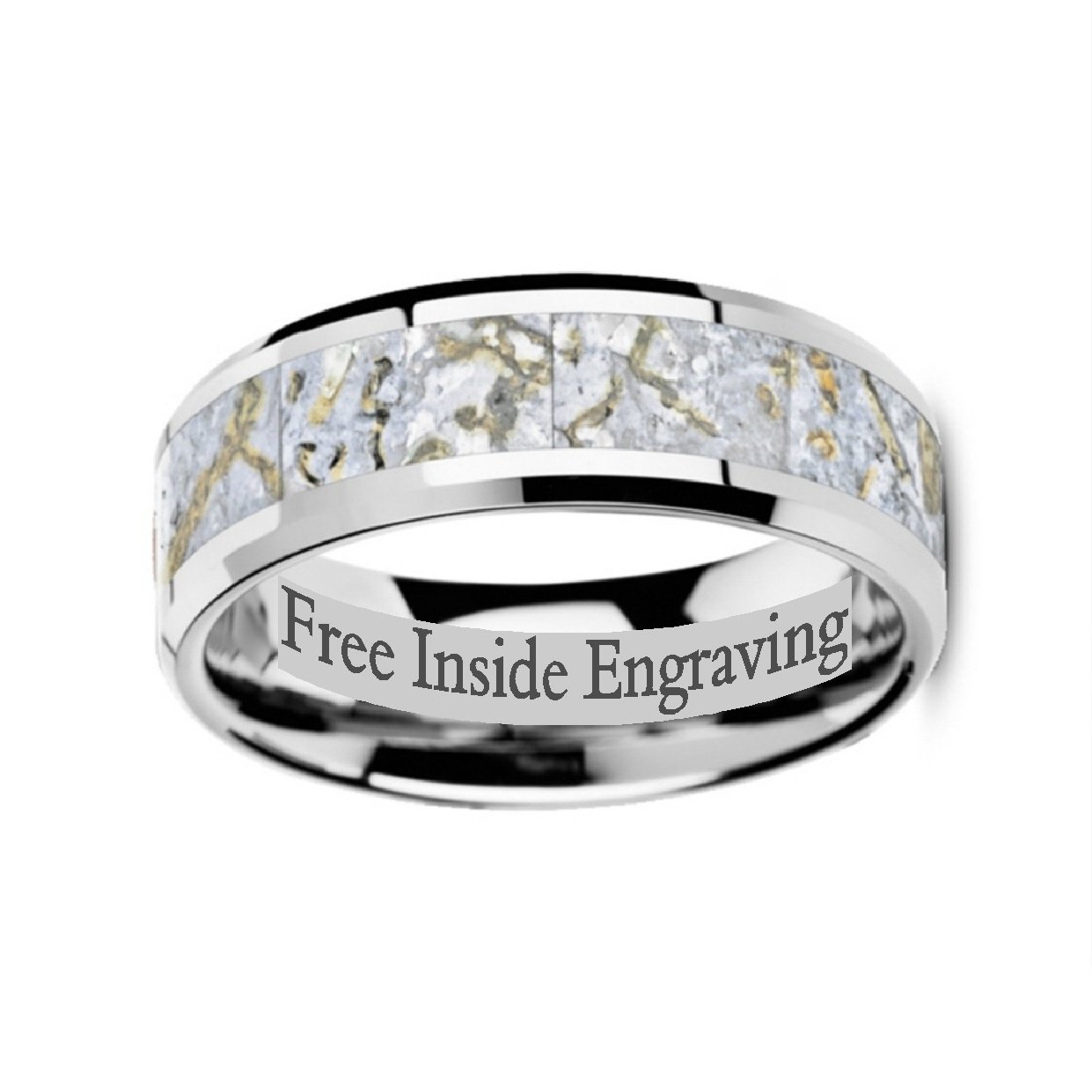 Premium Tungsten Carbide Dinosaur Bone Inlay Ring - 8mm Wide Beveled Edge Wedding Band with Custom Engraving | Perfect for Men's Jewelry, Unique Gifts & Dinosaur Enthusiasts