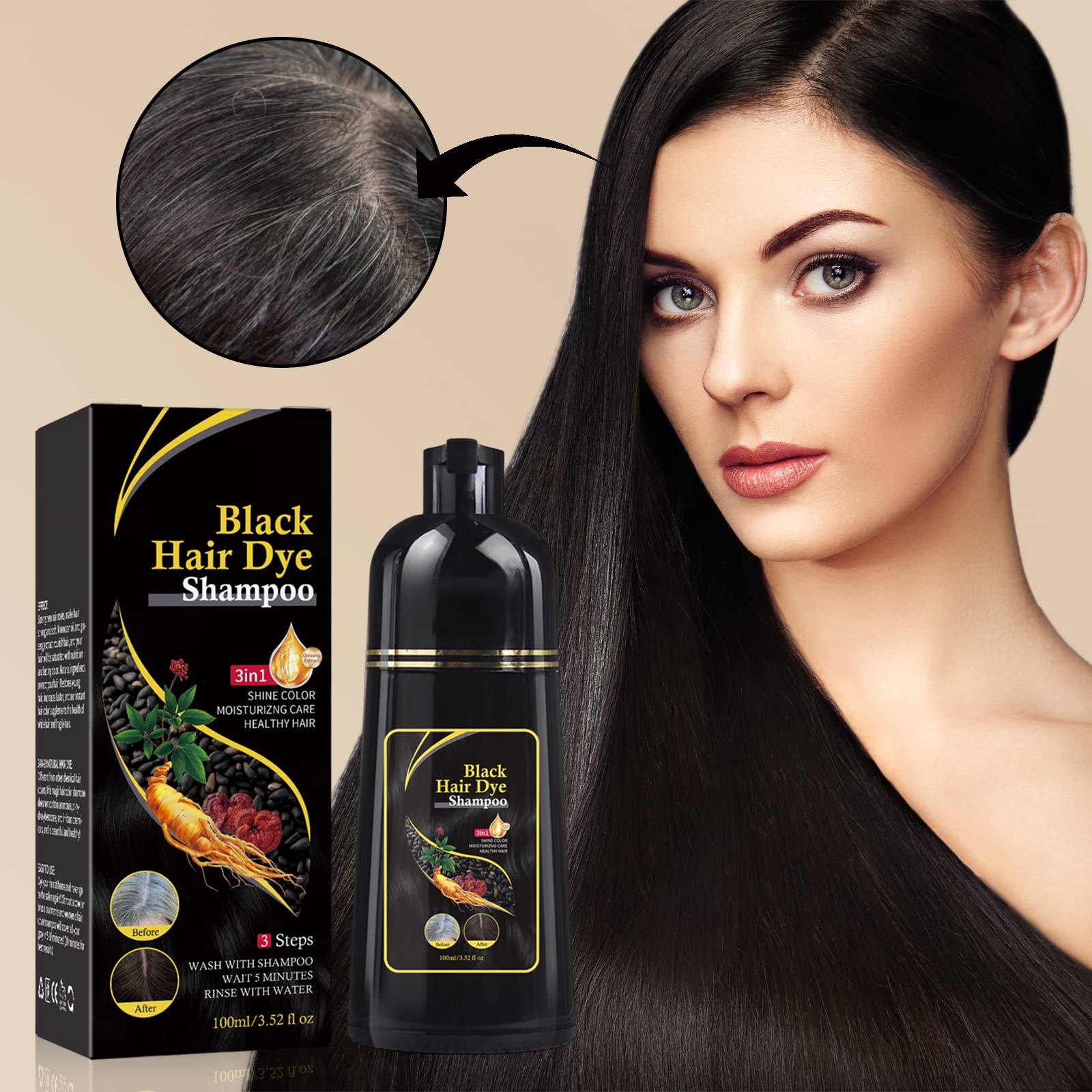 Natural 3-in-1 Herbal Black Hair Dye Shampoo for Men - Gray Hair Coverage & Color Treatment - Gentle Hair Coloring Solution for Home Use & Daily Styling