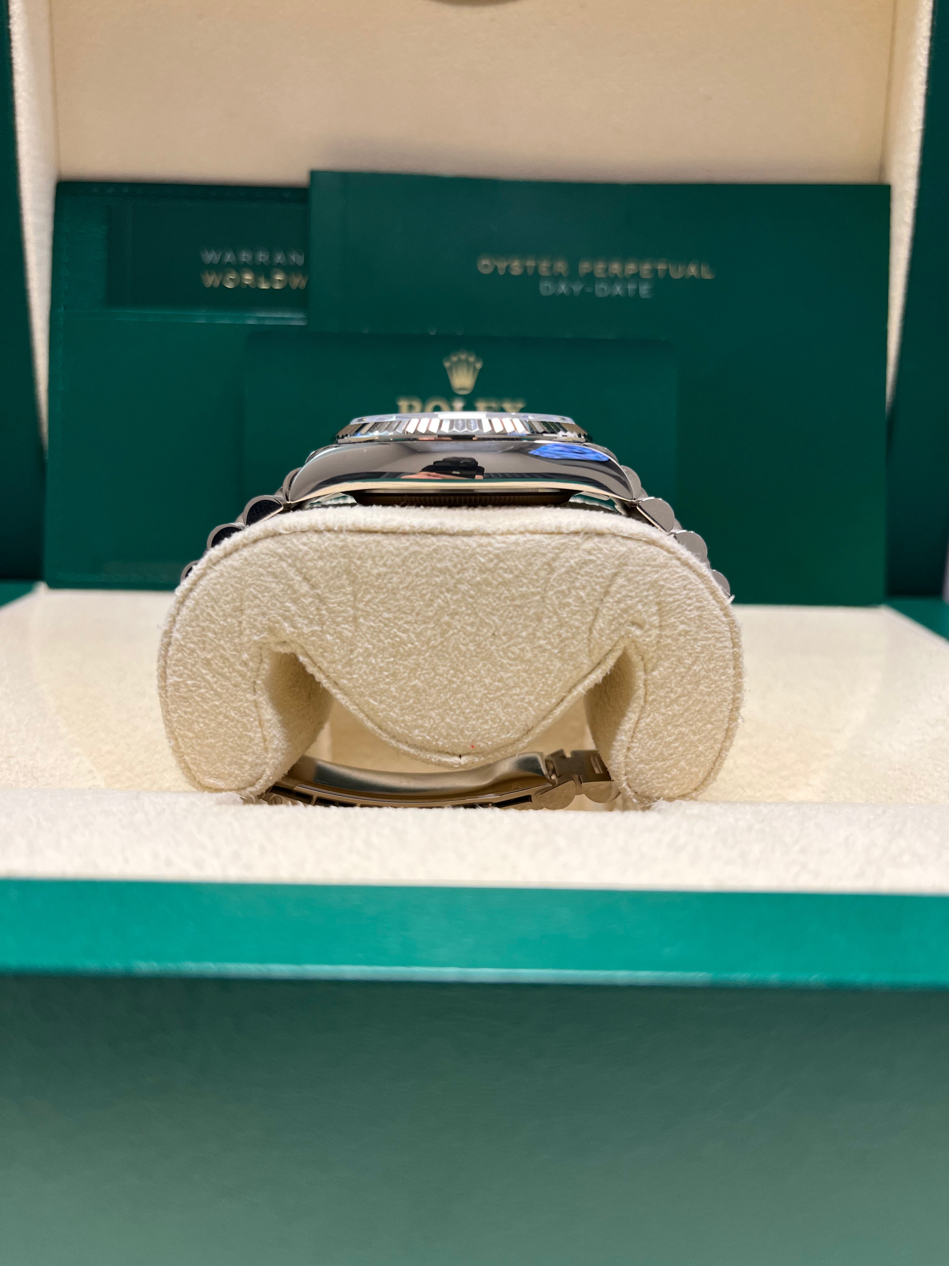 Rolex Day-Date 36 White Gold Watch with Fluted Bezel & Blue Ombre Diamond Dial - President Bracelet (Ref #128239) | Luxury Dress Watch for Business & Formal Occasions