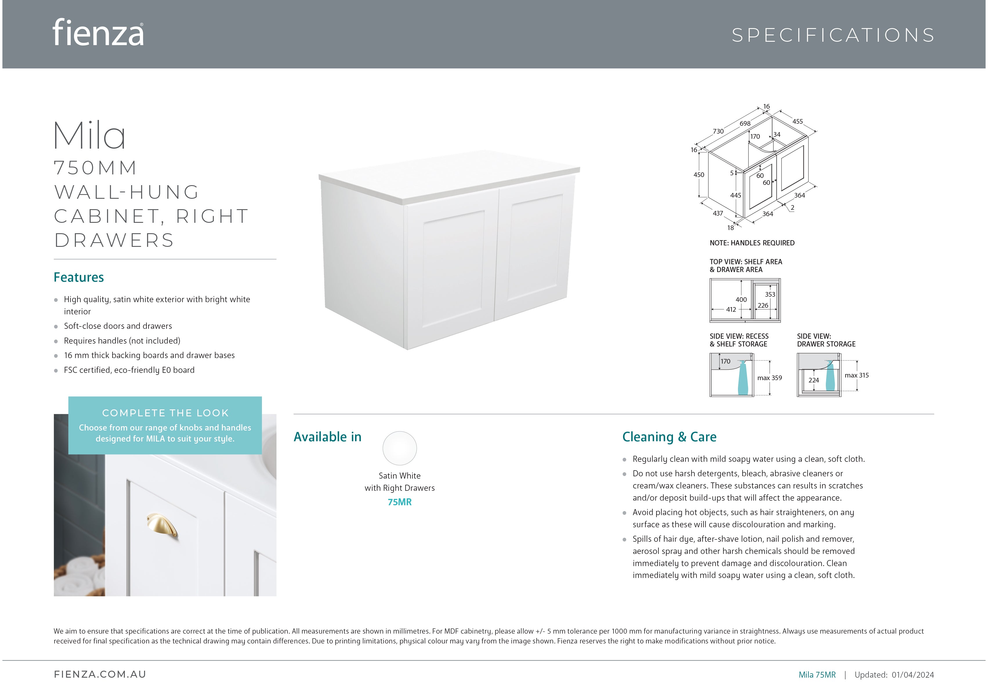 Fienza 75MR Mila 30-Inch Wall Mounted Bathroom Vanity with Right Drawer - Modern Floating Cabinet for Small Bathrooms & Powder Rooms (Cabinet Only)