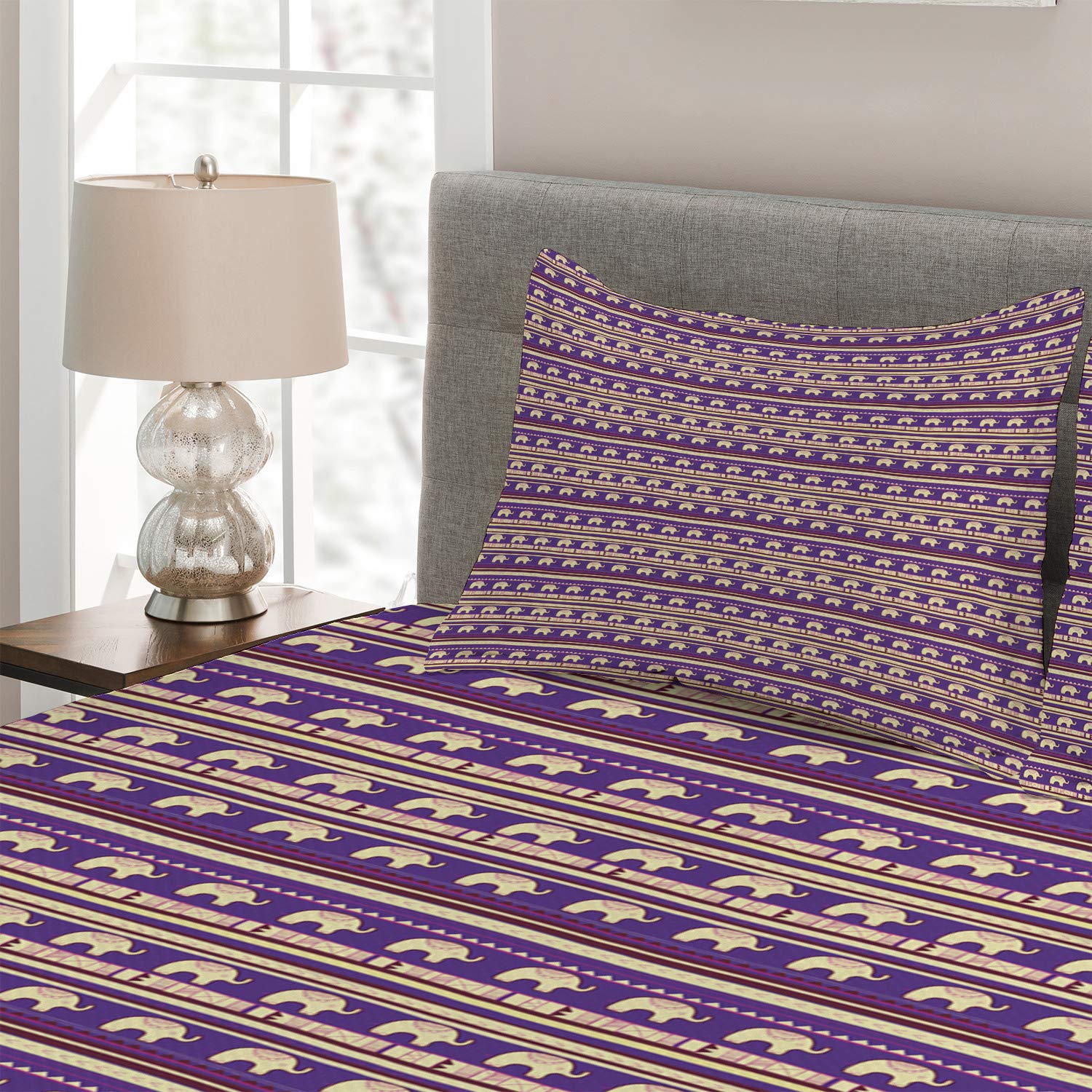 Lunarable Elephant Bohemian Tribal Quilted Bedspread Set - King Size 3-Piece Bedding with 2 Pillow Shams, Blue Violet Plum Stripe Design | Perfect for Boho Chic Bedroom Decor, Guest Room Makeover & Cozy Home Styling