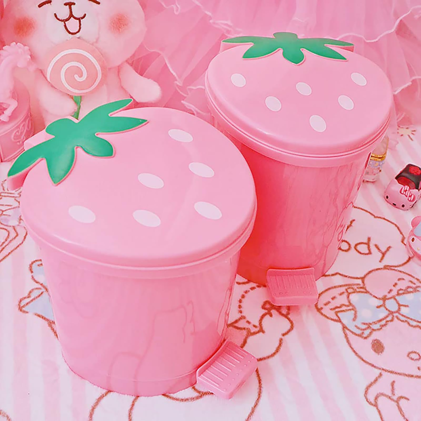 1 Gallon Cute Pink Strawberry Shaped Trash Can with Mini Garbage Bin & 5 Rolls Bags - Kawaii Plastic Waste Bin for Bedroom, Office Desk, Dorm Room Decor - Perfect for Small Spaces, Vanity & Kids Room Organization