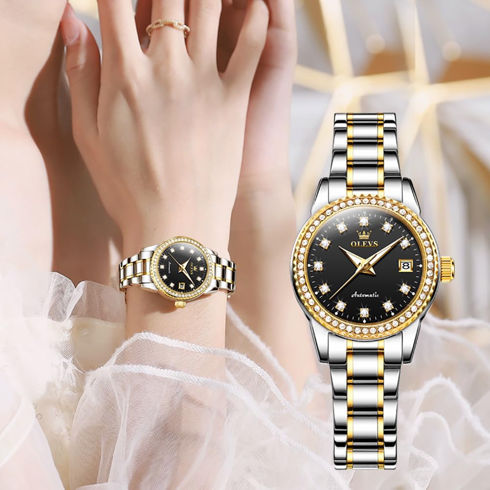 OLEVS Women's Diamond Automatic Self-Winding Watch - Stainless Steel Dress Watch with Luminous Hands & Waterproof for Business, Party & Everyday Wear