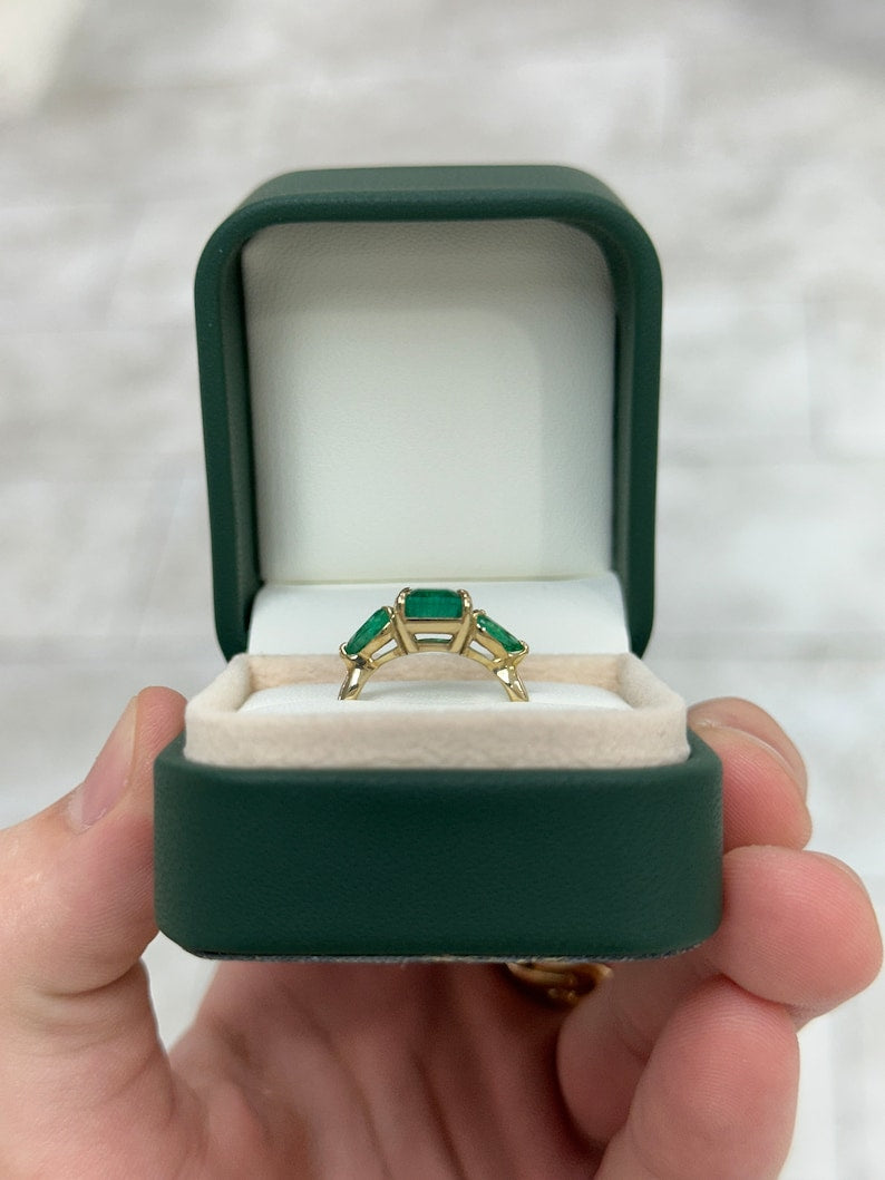 3.08tcw 14K Gold Natural Emerald Cut Emerald & Pear Lush Dark Green Three Stone Engagement Ring - Perfect for Wedding, Anniversary & Special Occasion Gifts