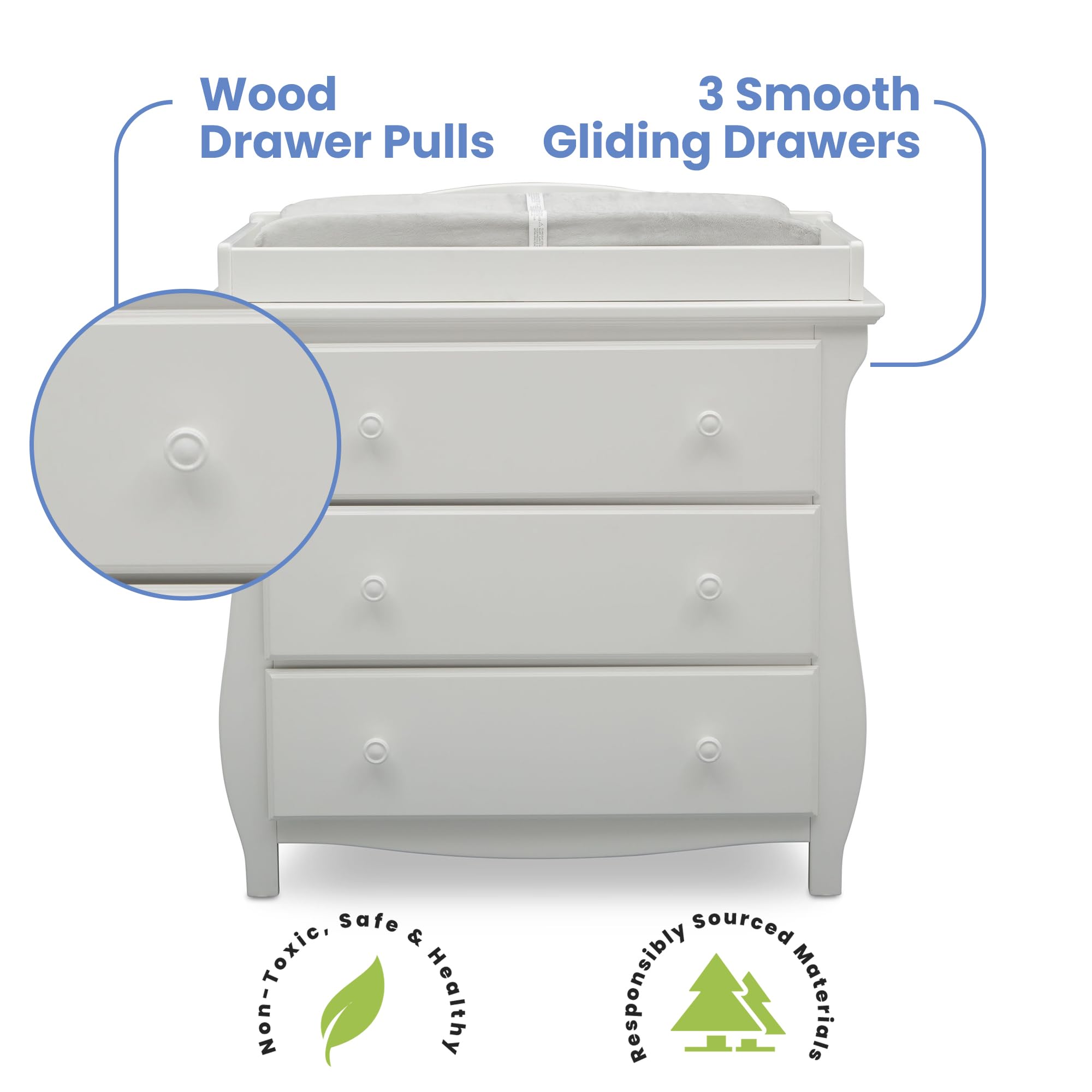 Delta Children Lancaster 3-Drawer Baby Dresser with Changing Table Top | GREENGUARD Gold Certified Nursery Furniture | Safe & Sturdy for Baby's Room (Bianca White) | Perfect for Diaper Changes & Infant Clothing Storage