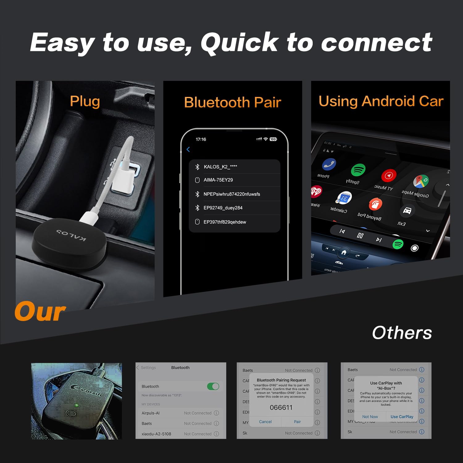 KALOS Wireless Android Auto Adapter - Plug & Play, Auto-Connect for Android 11+ & Cars 2015+ | Convert Wired to Wireless CarPlay | Fast Connection for Safer Driving & Hands-Free Navigation