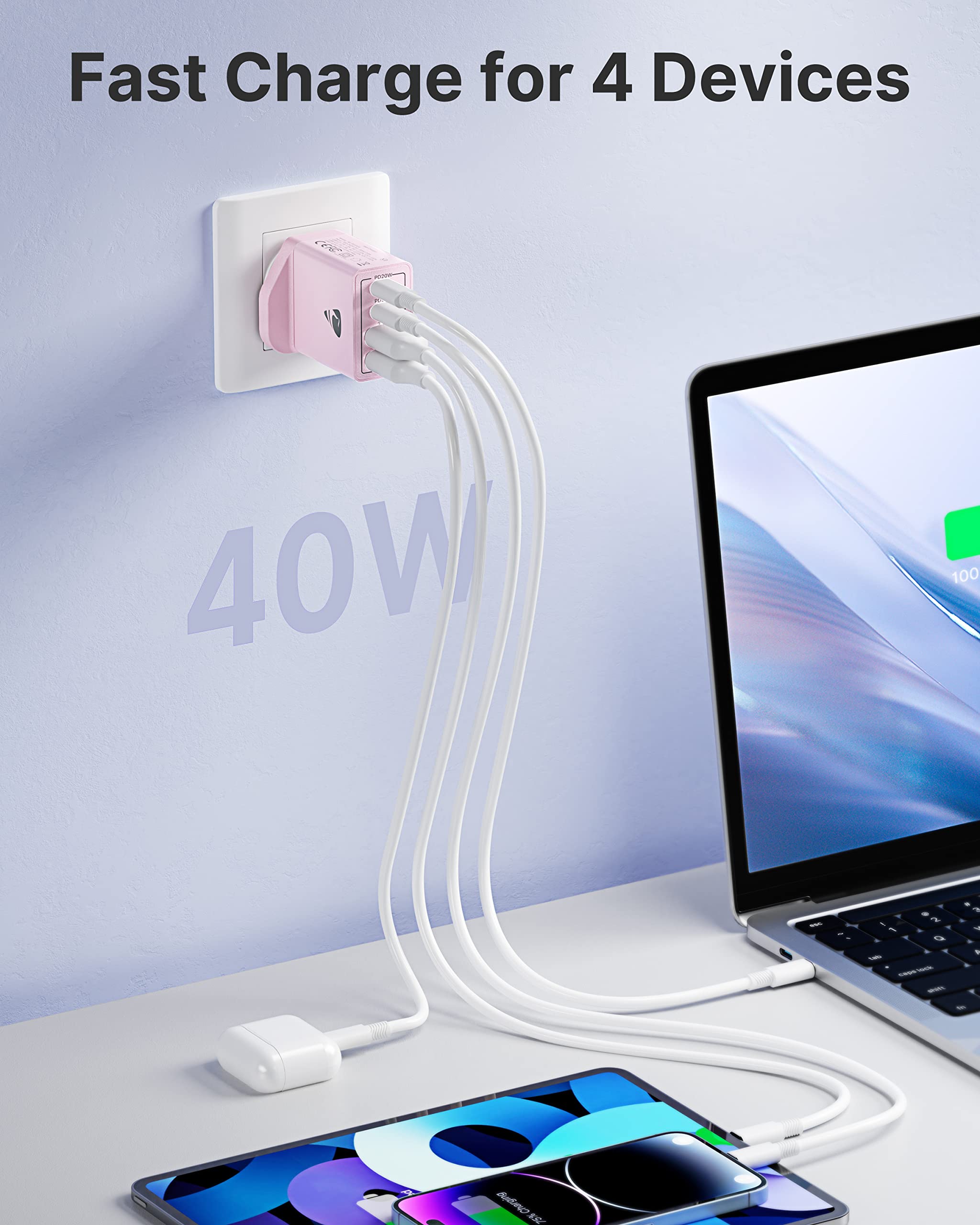 40W 4-Port USB C Charger with PD & QC 3.0 | Fast Wall Charger Plug for iPhone 15/14/13/12/11 Pro Max/XS/XR/SE, iPad, Samsung Galaxy, Google Pixel | UK/US Dual Port Adapter | Perfect for Home, Office & Travel Charging