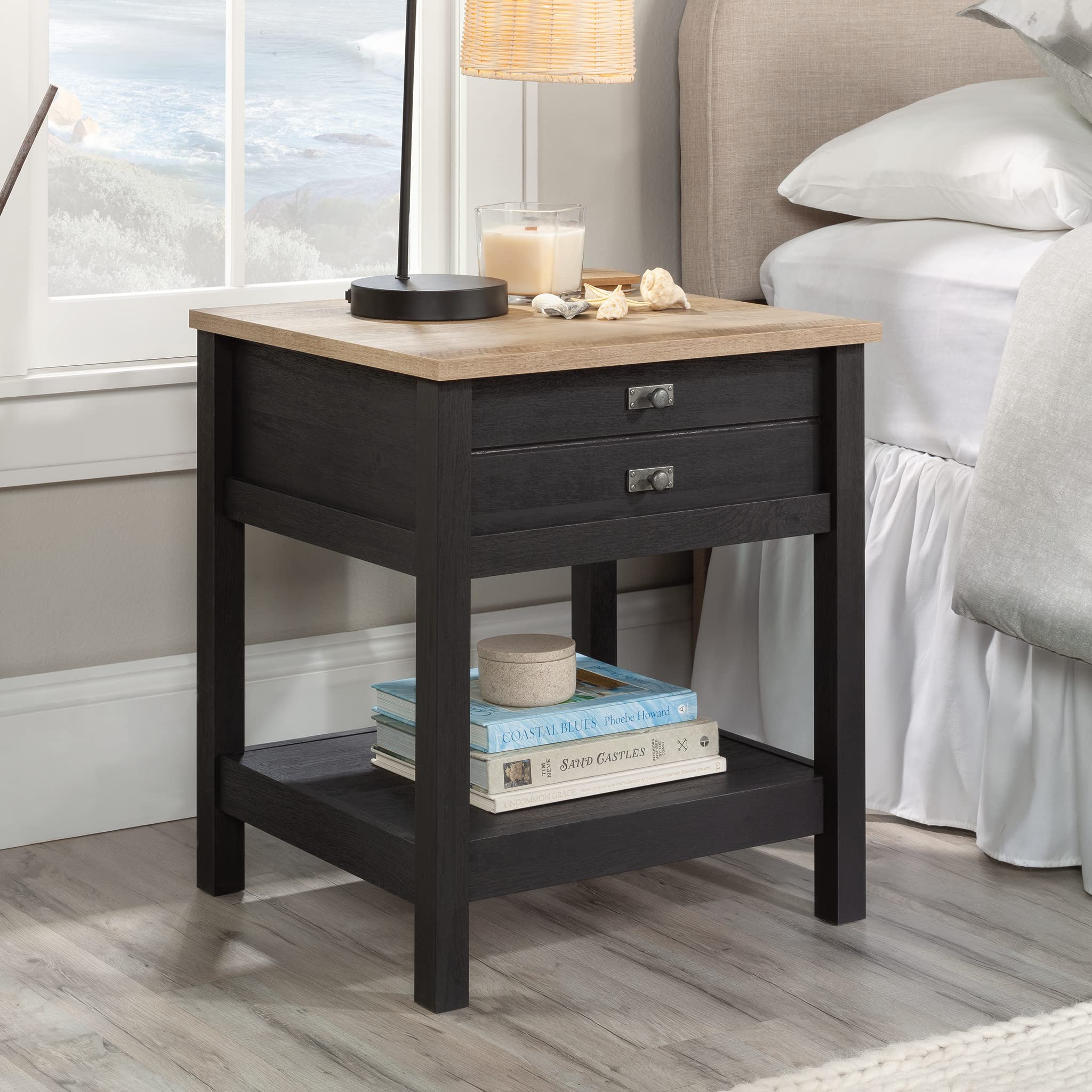 Sauder Cottage Road Night Stand - Bedside Table with Storage, End Table in Raven Oak Finish for Bedroom, Living Room & Office